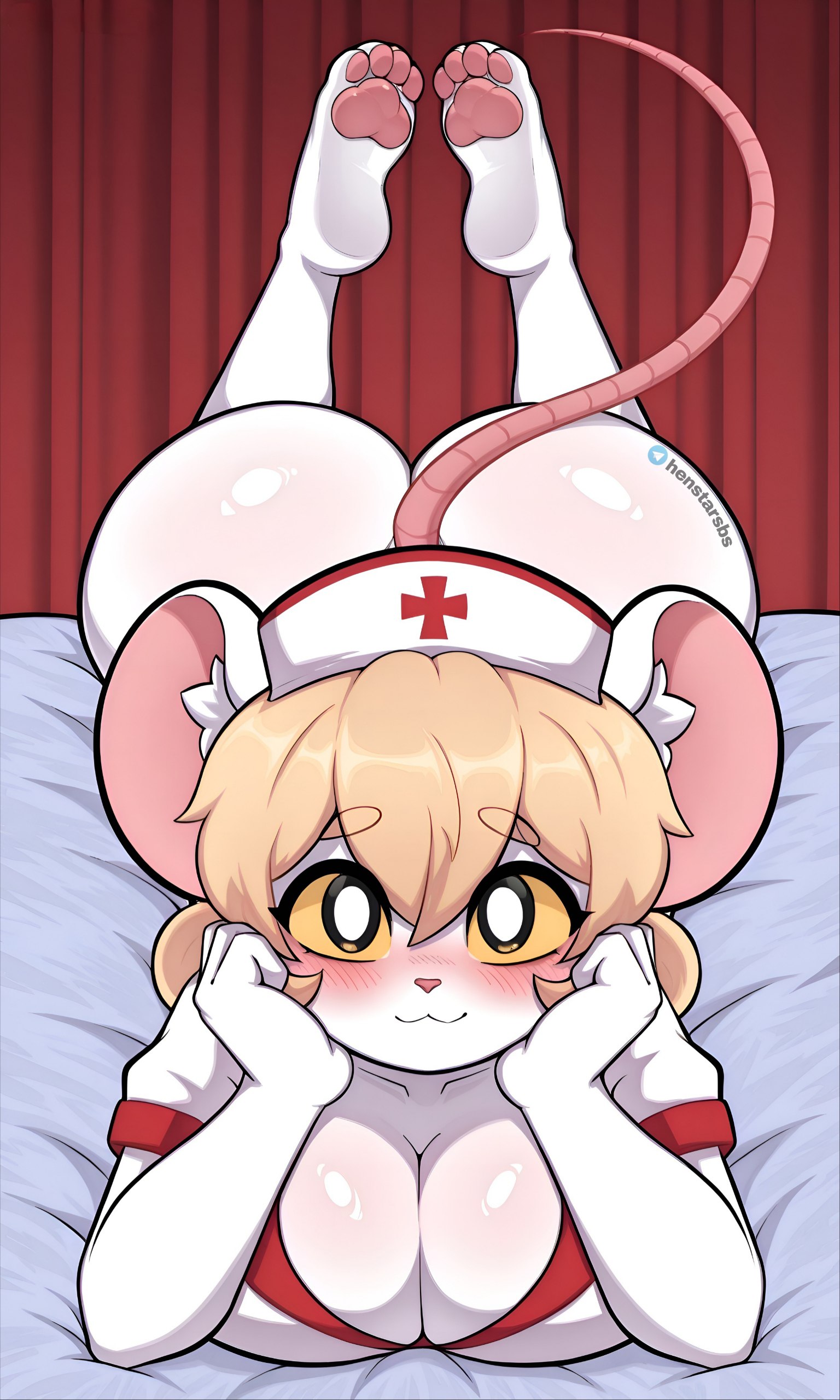 :3, 1girl, 1girls, ai generated, anthro, anthro female, anthro only, artist name, ass, bed, bedroom, big ass, big boobs, big breasts, big butt, blonde eyebrows, blonde female, blonde hair, blonde hair female, blonde-haired female, blush, blush face, blush lines, blushed face, blushing, blushing at viewer, blushing female, blushing profusely, boobs, breasts, butt, eyebrows, feet up, female, female anthro, female only, female solo, front view, glistening, glistening ass, glistening body, glistening boobs, glistening breasts, glistening butt, henstarsbs, image, large ass, large boobs, large breasts, large butt, long tail, looking at viewer, lorna, lorna (terrible mouse), lying, lying down, lying on bed, lying on stomach, mouse, mouse ears, mouse girl, mouse humanoid, mouse tail, nurse, nurse cap, nurse clothing, nurse hat, nurse headwear, nurse outfit, nurse uniform, on bed, only female, pawpads, paws, pink pawpads, pink tail, shiny, shiny ass, shiny body, shiny boobs, shiny breasts, shiny butt, shiny hair, shiny skin, smile, smiling, smiling at viewer, solo female, tagme, tail, tail up, telegram username, terrible mouse, white body, white eyes, white skin, yellow sclera