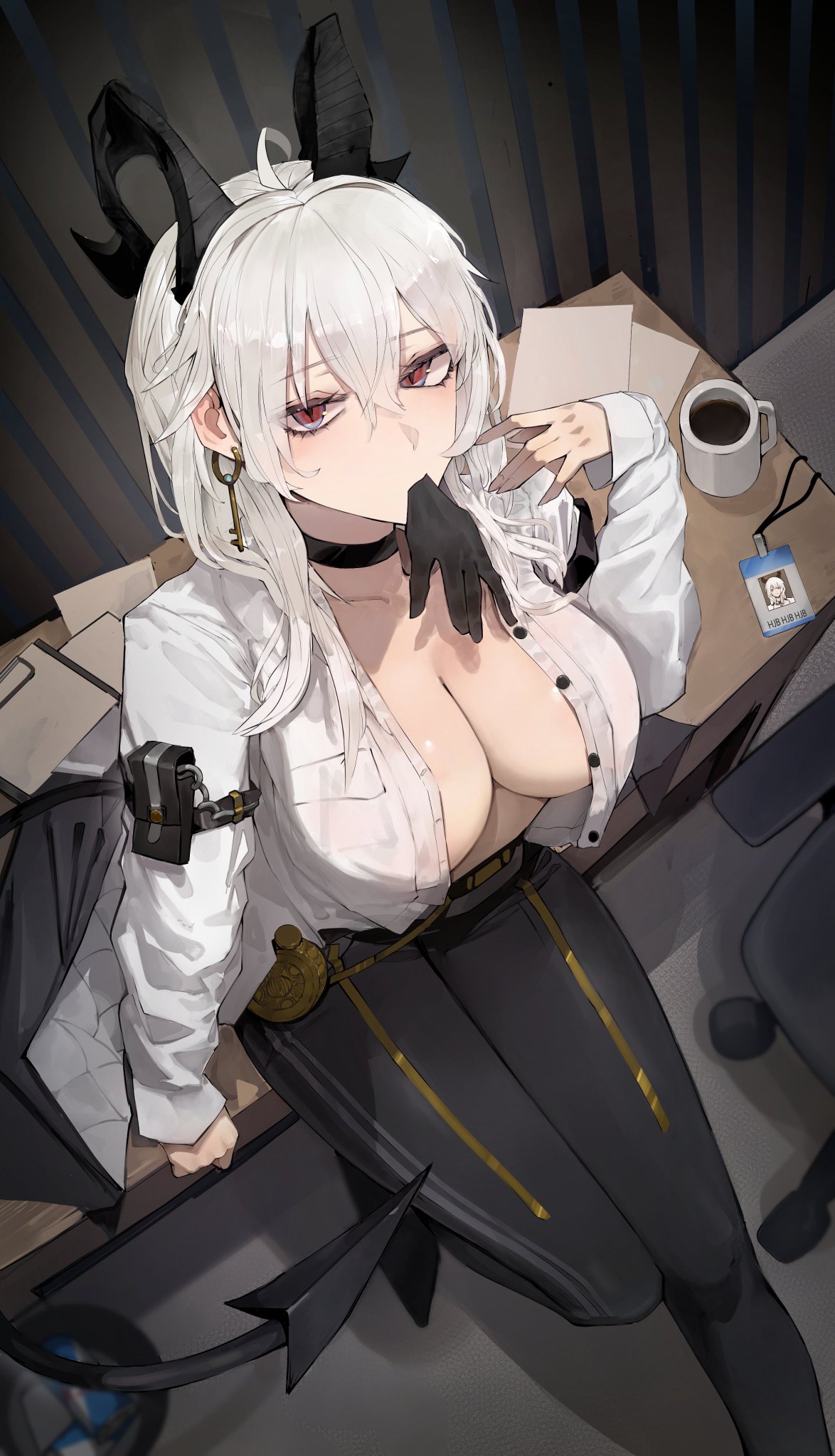 1girl, 1girls, boots, breasts, choker, coffee, female, female focus, huinjebi, large breasts, office, solo, tail, unbuttoned shirt, wuthering waves, zani (wuthering waves)