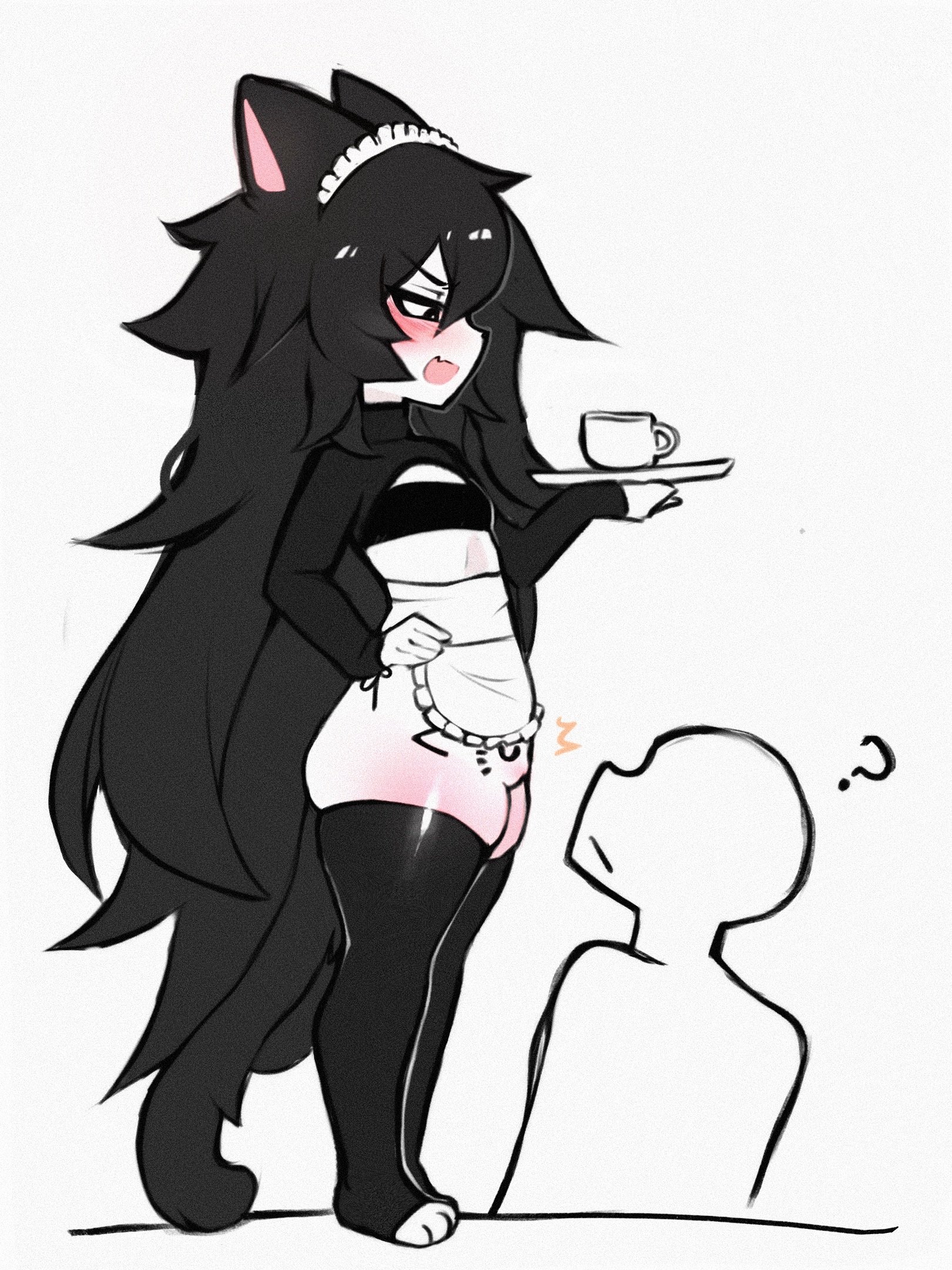 1boy, 1girl1boy, bottom heavy, bunny bunkai, cat ears, cat girl, cat tail, catgirl, curvy, curvy female, do you want to pet my cat (meme), female, flat chest, holding object, maid apron, maid headdress, maid outfit, maid uniform, presenting pussy, pussy out, skinny female, thick thighs, thighhighs, twitter