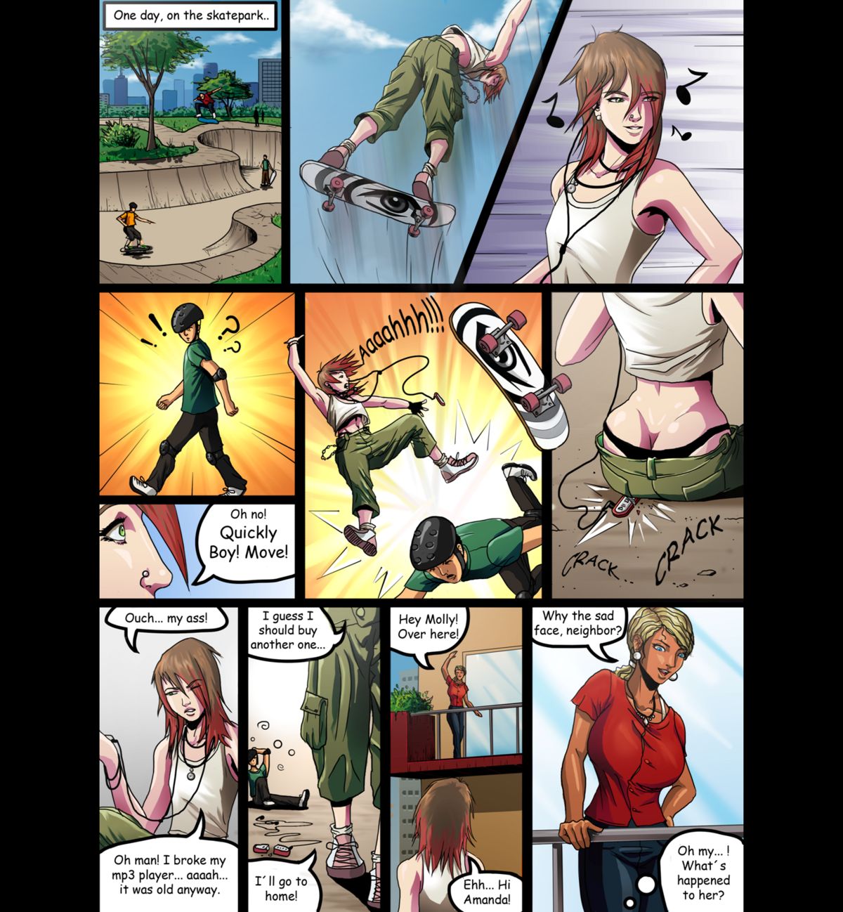 ass_cleavage baggy_pants breast_expansion breasts brown_hair butt_crack comic green_eyes huge_breasts lactation mangrowing molly_(mangrowing) sagging_pants skateboard skater tagme whale_tail