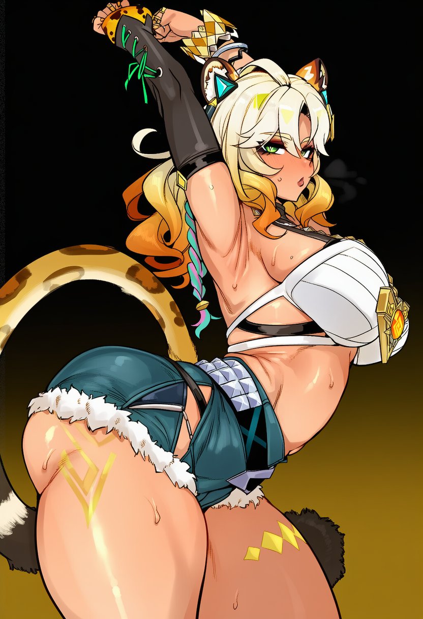 1girls, 2d, ai generated, animal ears, arched back, armpits, arms up, ass, ass hanging out, ass hanging out of shorts, big ass, big breasts, big butt, big thighs, blonde hair, blush, booty shorts, breasts, cat ears, cat tail, cyreneceo, dark skin, dark-skinned female, denim, denim shorts, detached sleeves, female only, from side, gradient background, gradient hair, green eyes, huge ass, huge butt, large ass, large breasts, large butt, large thighs, leopard ears, leopard girl, leopard tail, long hair, looking at viewer, multicolored hair, short shorts, shorts, sideboob, solo, solo female, stretching, sweat, tail, thick ass, thick butt, thick thighs, thighs, xilonen (genshin impact)