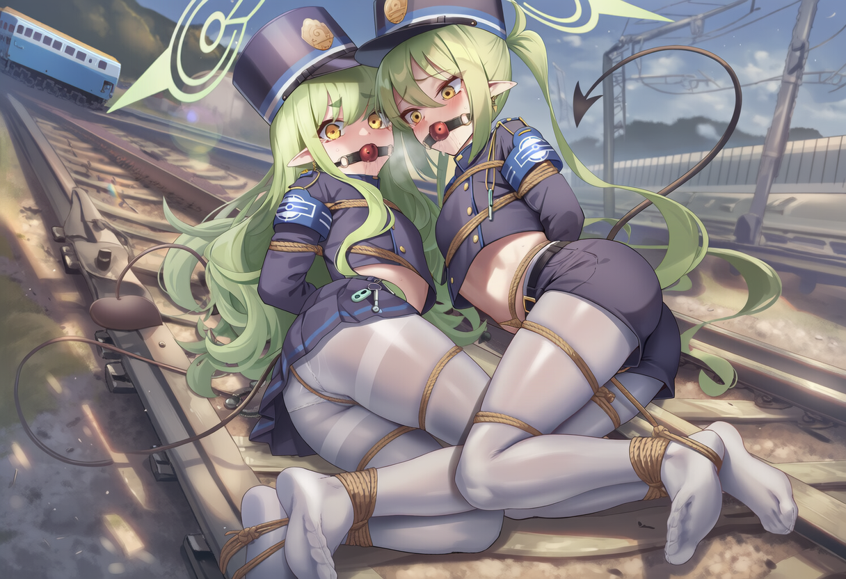 2girls, ai generated, arms behind back, ass, ball gag, blue archive, blush, bondage, bound ankles, bound together, bound wrists, captured, crotch rope, drooling, heavy breathing, hikari (blue archive), looking at viewer, nokani, nozomi (blue archive), panties, panties under pantyhose, pantyhose, peril, restrained, self upload, struggling, tearing up, train, train tracks, twins, wide-eyed, worried