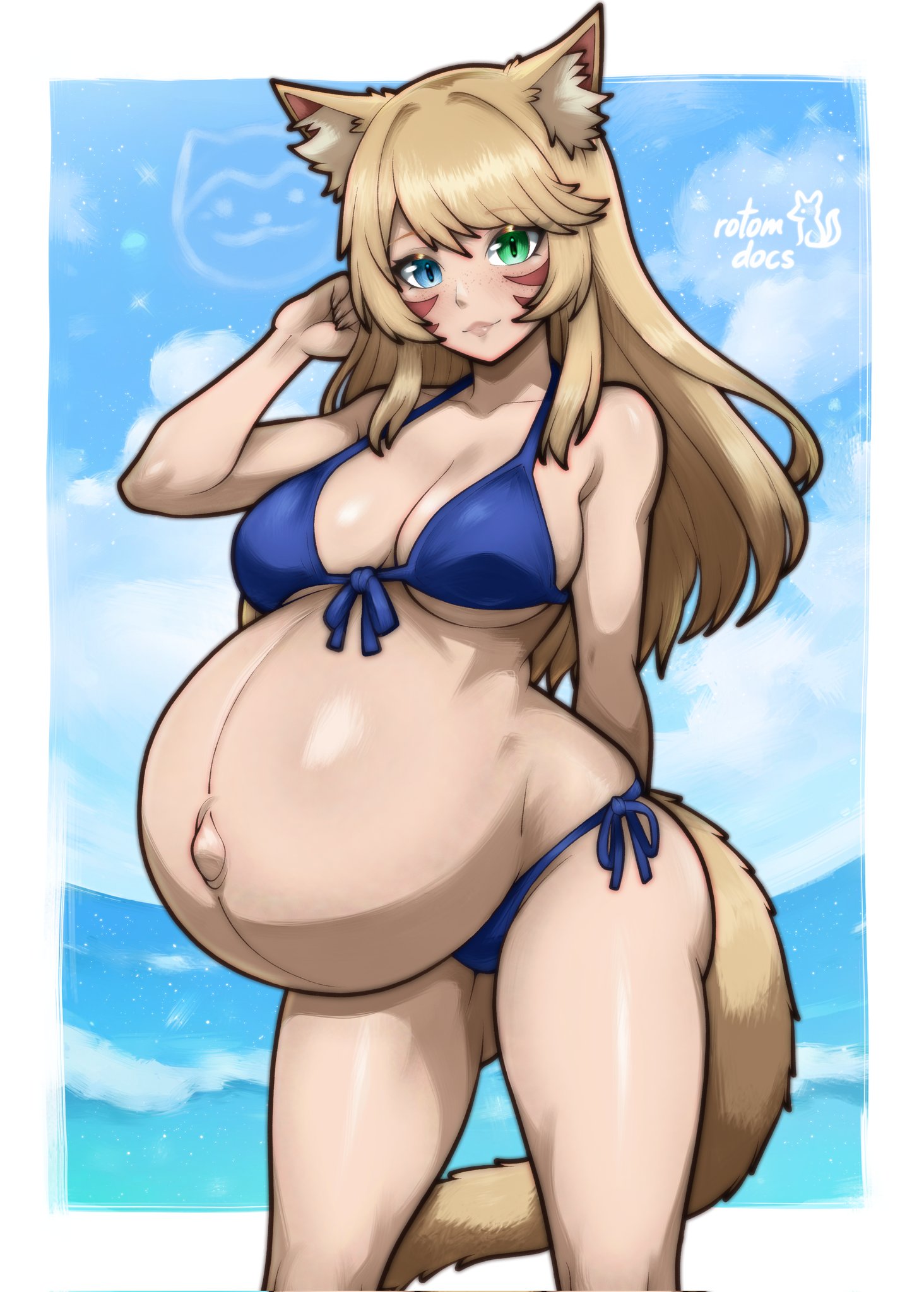 blue bikini, blush, final fantasy xiv, huge belly, huge breasts, miqo'te, original, original character, pregnant, rotomdocs, thick thighs, wide hips
