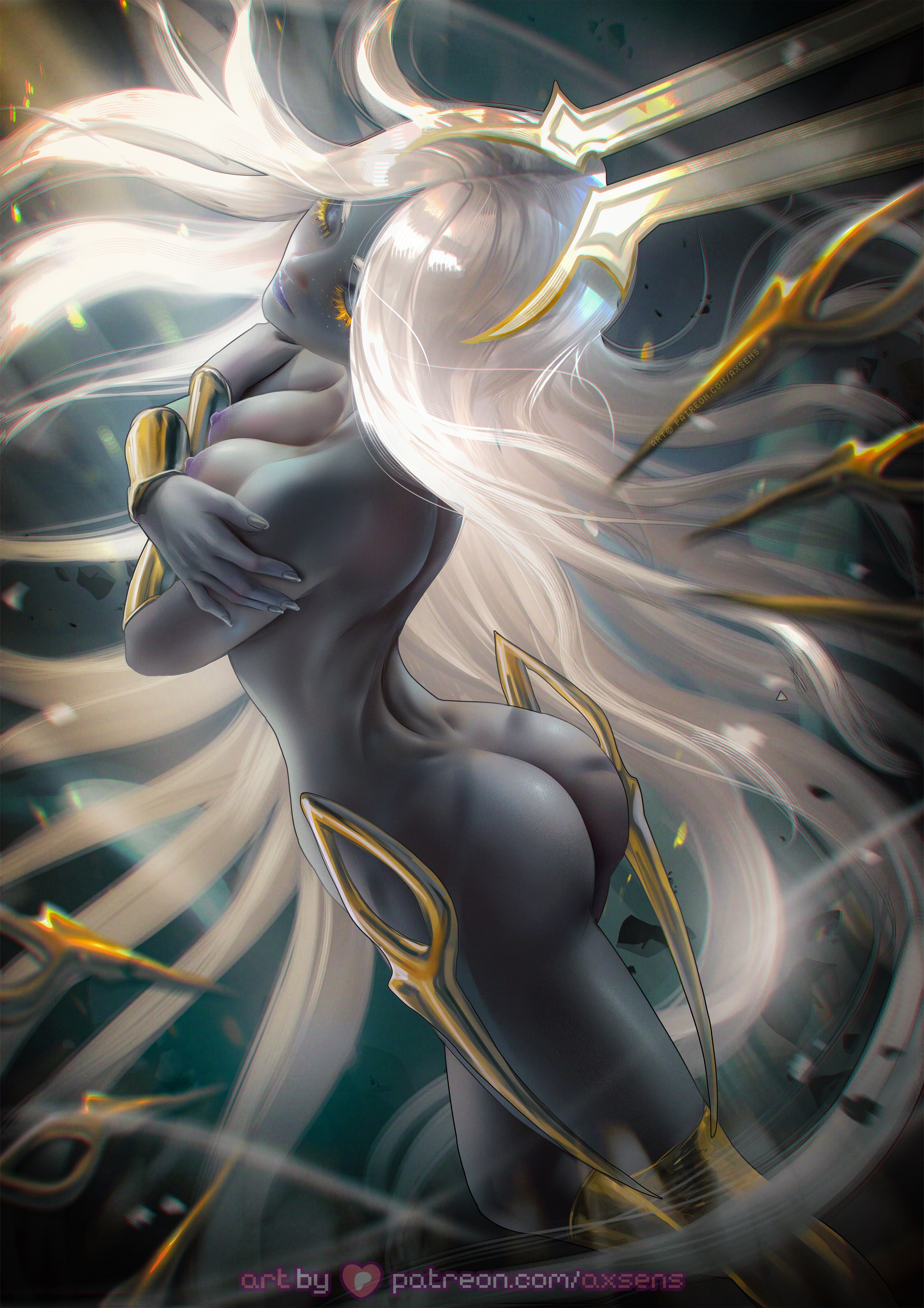 1girls, arms crossed under breasts, ass, axsens, breasts, closed eyes, female, female only, grand mother silk, hollow knight, hollow knight (franchise), hollow knight: silksong, nude, solo female, white hair