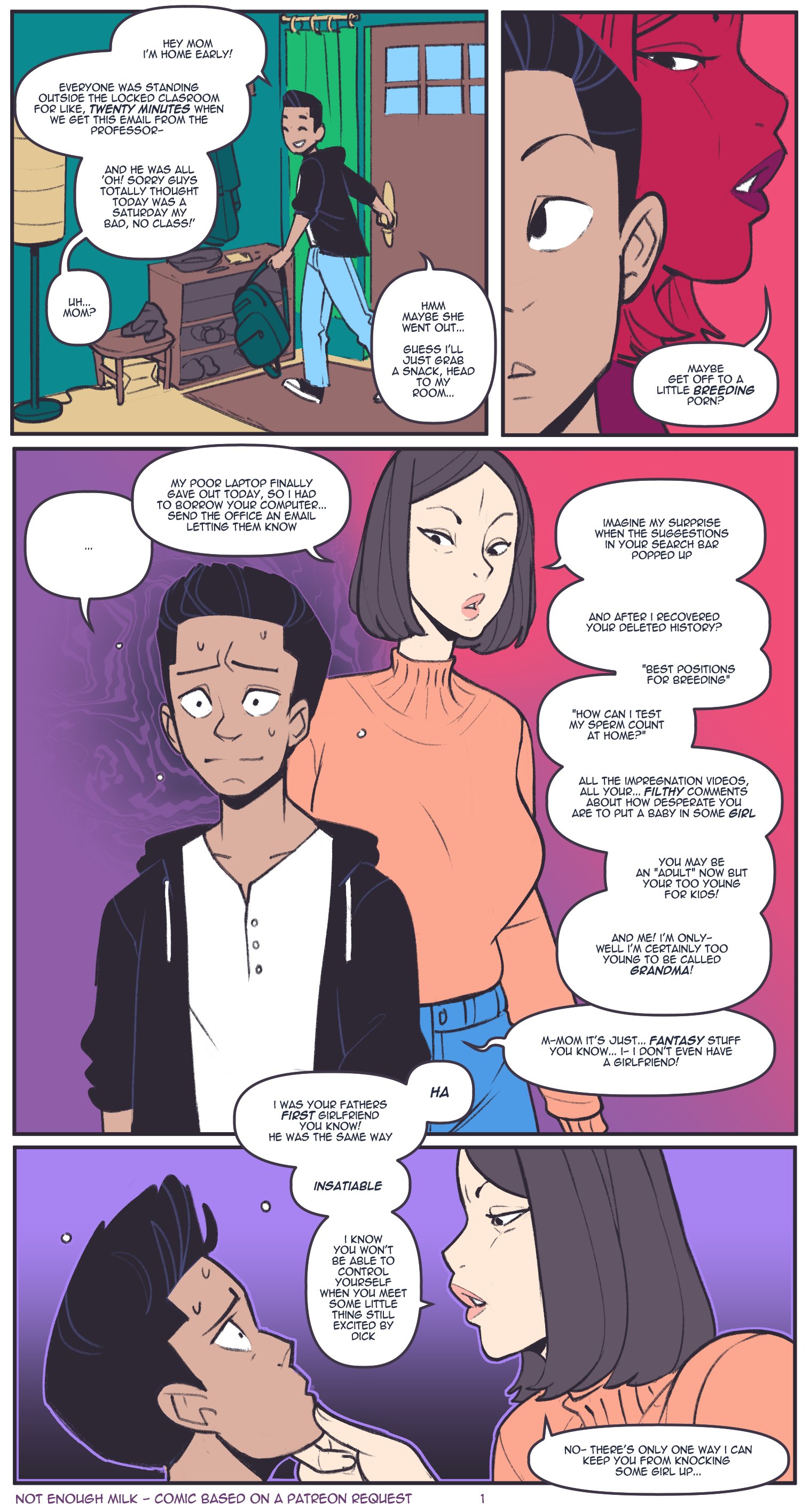 1boy, 1boy1girl, 1girls, age difference, clothed, clothing, comic, dialogue, english text, female, height difference, incest, male, male/female, mature, mature female, mature woman, milf, mother, mother and child, mother and son, not enough milk (artist), original, parent, parent and child, size difference, son, text, text bubble