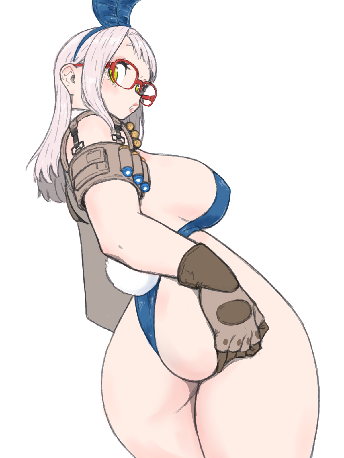 1girls, ass, ass bigger than head, ass focus, ass grab, back view, big ass, big breasts, big eyes, breasts, bunny ears, bunny girl, bunny tail, female, female only, glasses, gloves, goddess of victory: nikke, lips, looking at viewer, neon (nikke), pale skin, pale-skinned female, red glasses, revealing clothes, tagme, thick thighs, thighhighs, thighs, toshinoshin00, white background, white hair