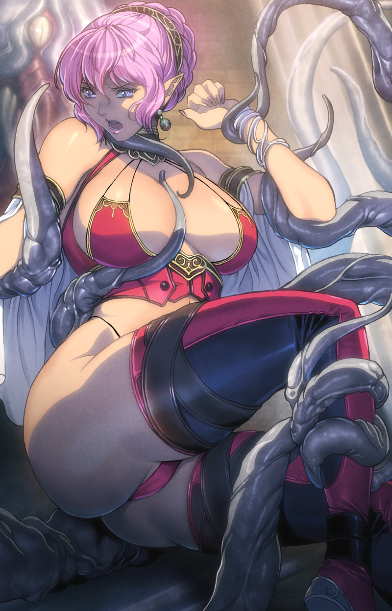 1girls, breasts, earrings, elf, female, homare (fool's art), huge breasts, imminent rape, lipstick, monster, nail polish, open mouth, pink hair, pink lipstick, purple eyes, purple nails, restrained, tentacles, thigh strap, thighhighs