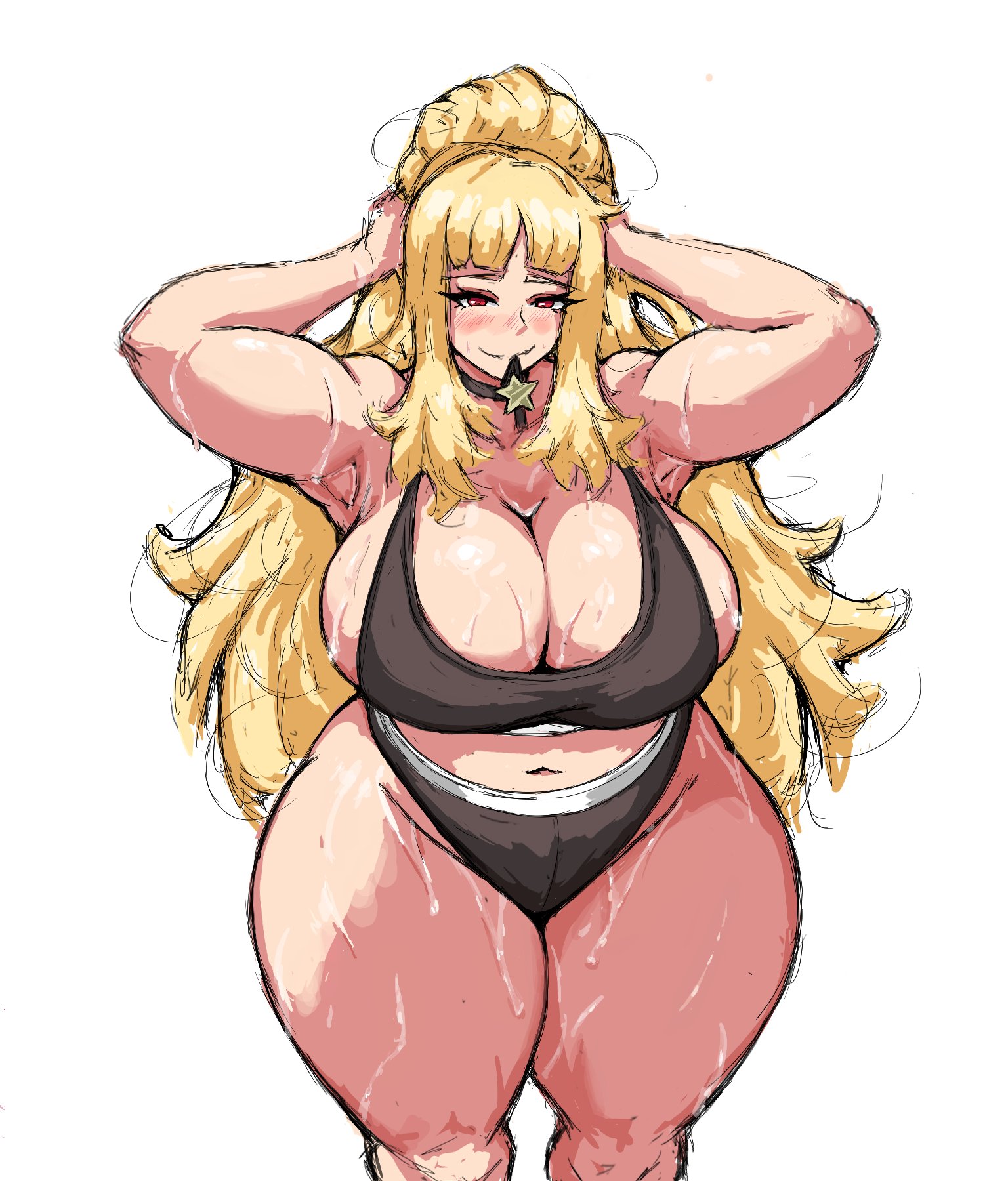 1girls, ass, bbw, big boobs, big breasts, black bra, black panties, blonde female, blonde hair, blush, blushing, bra, breasts, breasts bigger than head, cleavage, curvaceous, curvy, curvy female, distortion detective, ezra (distortion detective), female, female only, headband removed, huge breasts, human, large breasts, limbus company, littleteze, messy hair, panties, plump thighs, project moon, revealing clothes, standing, sweat, sweating, sweaty, thick thighs, underwear, voluptuous, voluptuous female