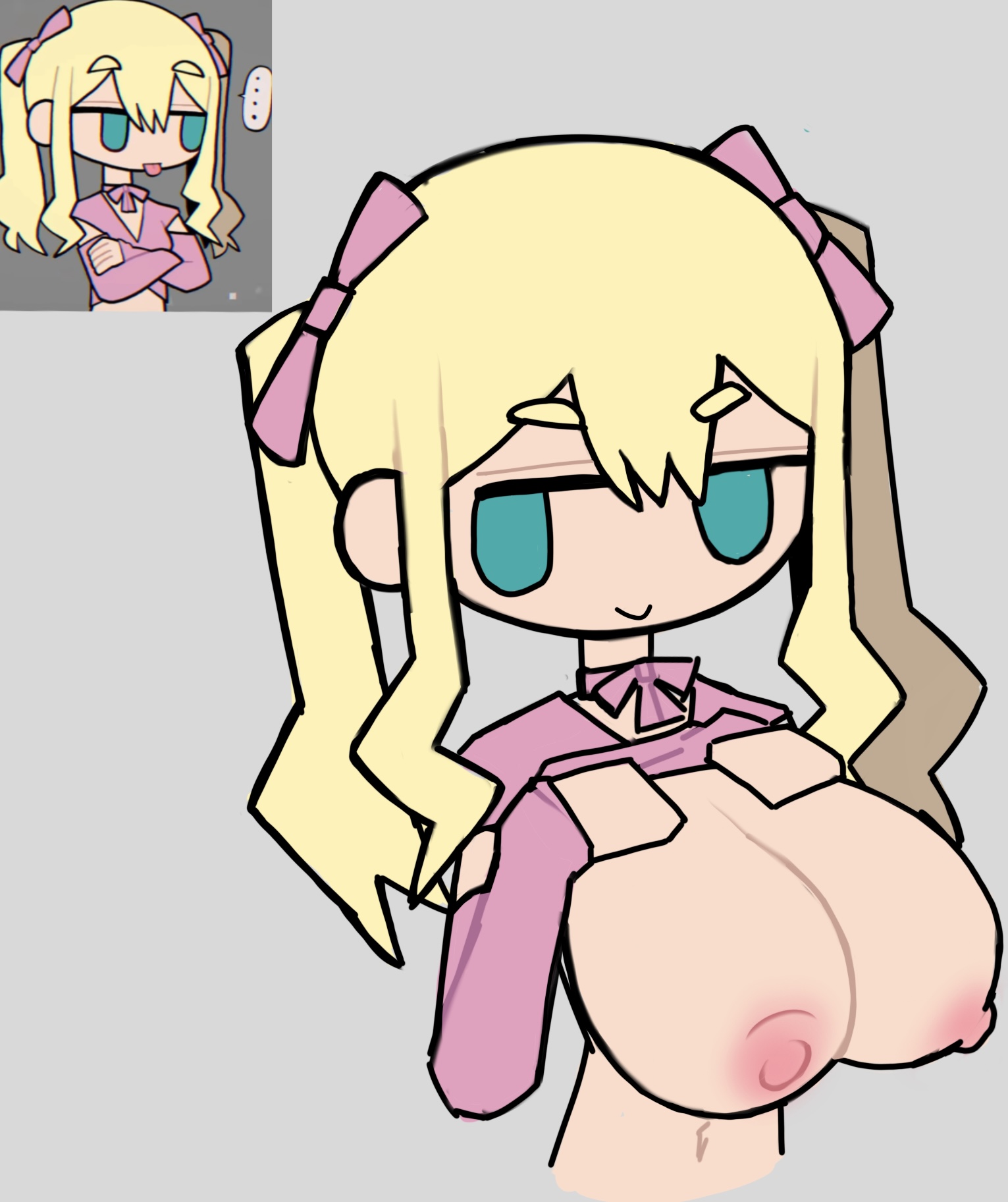 1girls, angelina (iiiichimaru 03), artstyle imitation, big breasts, blonde hair, blue eyes, breasts, choker, closed mouth, female, female focus, female only, flashing, flashing breasts, grey background, huge breasts, human, human only, iiiichimaru 03, iiiichimaru 03 (style), konton boogie trilogy (jon-yakitory), light skin, long hair, looking at viewer, mv character, navel, nipples, open eyes, pink choker, pink ribbon, pink shirt, ribbon choker, ryuukou angelina (vocaloid), shirt lift, simple background, smile, solo, style parody, swoiffer2, twintails, vocaloid