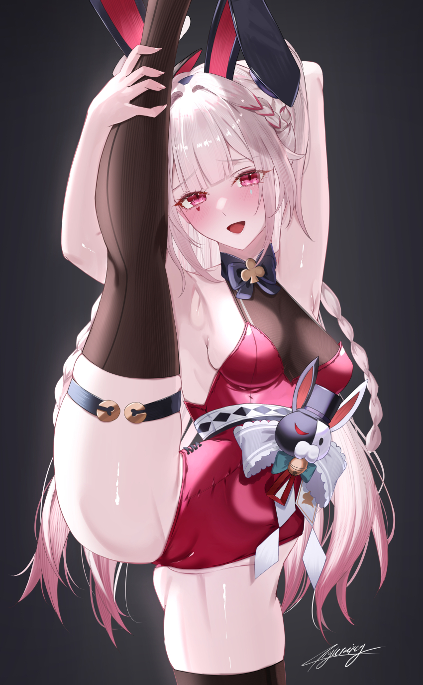1girls, absurdres, alternate costume, arms up, blush, breasts, bunny ears, bunnysuit, cameltoe, female, female only, highres, holding leg, honkai (series), honkai: star rail, leg up, leotard, long hair, looking at viewer, medium breasts, miya-chan (lightning0730), navel, open mouth, pussy visible through clothes, red eyes, small breasts, smile, solo, sparkle (honkai: star rail), sparxie (honkai: star rail), standing on one leg, symbol-shaped pupils, teasing, thigh strap, thighhighs, thighs, twintails, white hair