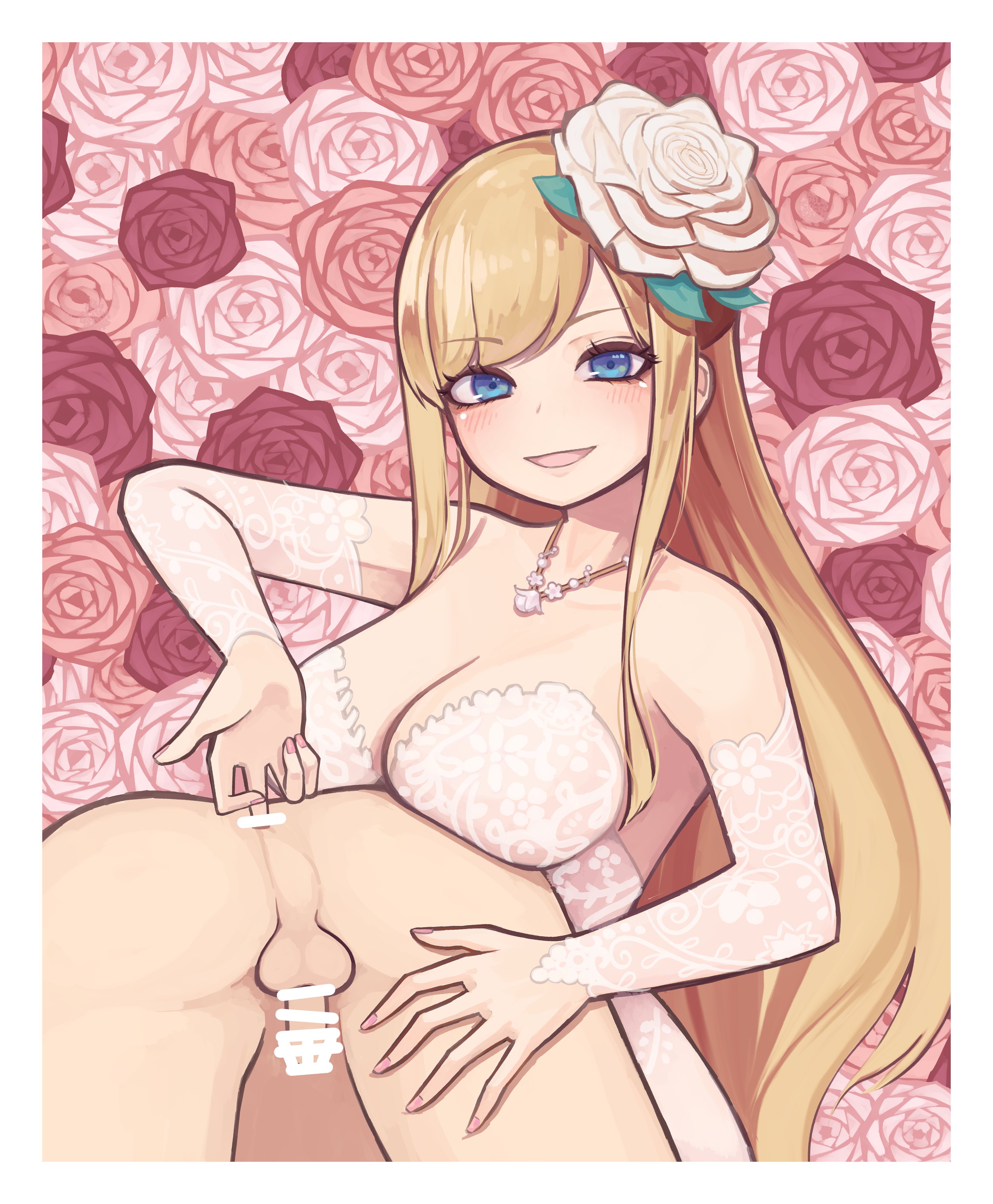 1boy, 1girls, armwear, balls, bar censor, blonde, blonde female, blonde hair, blonde hair female, blonde-haired female, blue eyes, blue eyes female, boobs, breasts, censor bar, censored, censored anus, censored penis, cock, dick, eyebrows visible through hair, female, femdom, fingering, fingering ass, fingering partner, genitals, kikiu bd, long hair, long hair female, male, necklace, original, penis, testicles, tits, woman