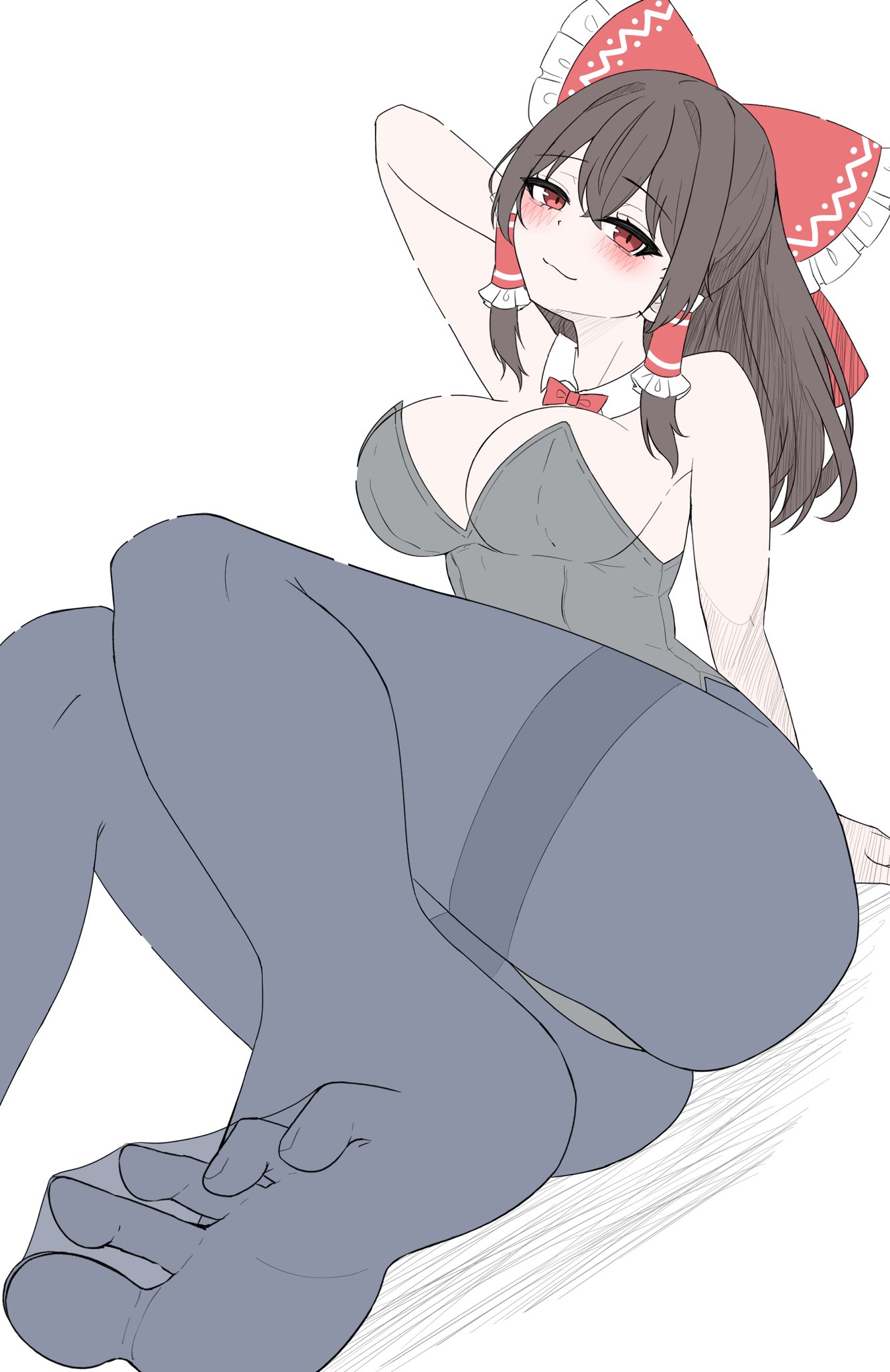 :3, arm behind head, armpit, ass visible through thighs, black leotard, black pantyhose, blush, bunny girl, bunny suit, feet, foot focus, hakurei reimu, huge ass, kiui (dagk8254), large breasts, leotard, pantyhose, reimu hakurei, seductive, sitting, smug, soles, toes, touhou