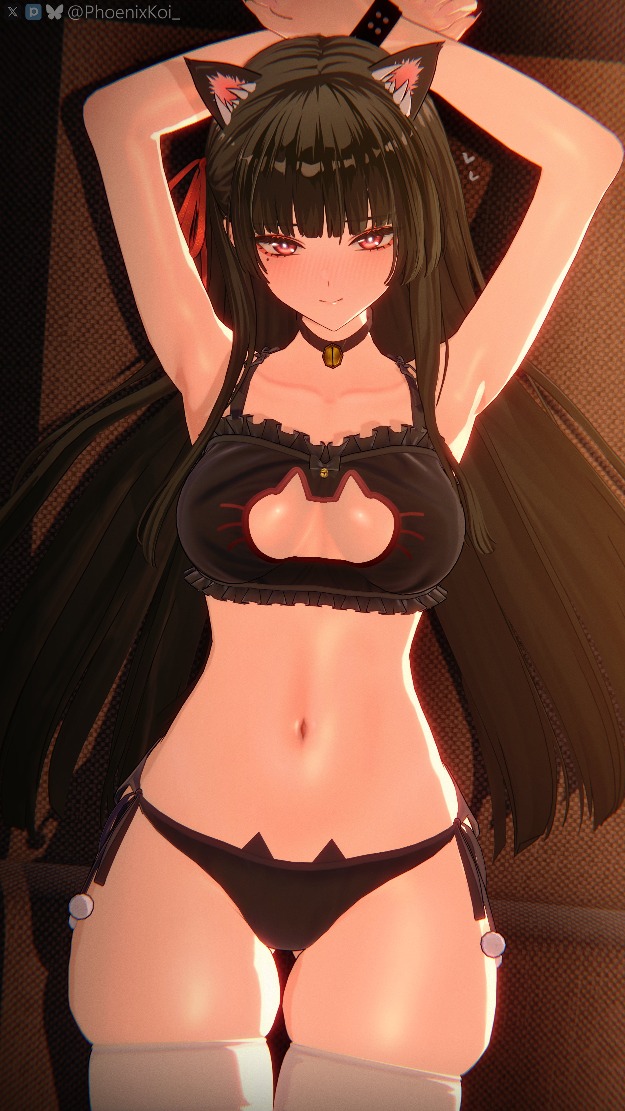 1girls, 3d, armpits, black hair, blush, boob window, cat ears, cat girl, chisa (wuthering waves), choker, female, hands above head, light skin, lingerie, long hair, mostly nude, navel, panties, phoenixkoi, red eyes, solo, thighhighs, thighs, whitekoi, wuthering waves
