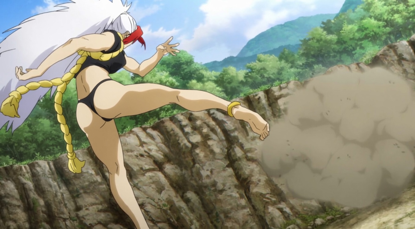1girl, ass, ass focus, barefoot, edit, female, female focus, female only, fighting stance, foot fetish, foot focus, left (yomi no tsugai), leg up, long hair, multicolored hair, oni, oni female, oni horn, outdoors, outside, red hair, rope, screenshot, shimenawa, skirt, sleeveless, sleeveless shirt, solo, thong, white hair, yomi no tsugai