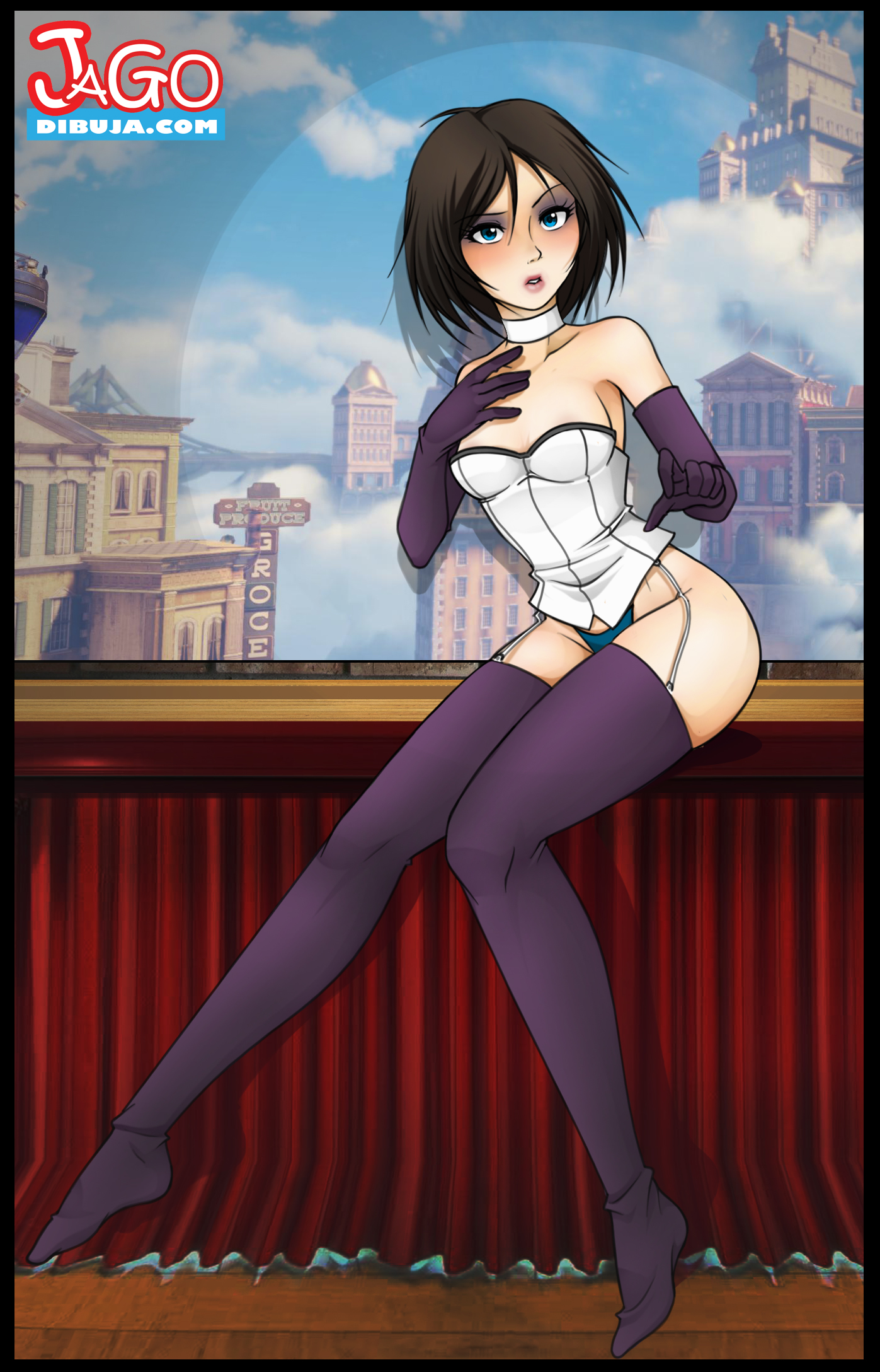 bioshock, bioshock infinite, black hair, blue eyes, blue panties, blush, bustier, choker, cleavage, clothed, corset, elbow gloves, elizabeth comstock, female, garter belt, hand on chest, highres, jago dibuja, lingerie, long legs, looking at viewer, panties, purple gloves, purple legwear, shadow, short hair, sitting, solo, stage, standing, thighhighs, tiptoes