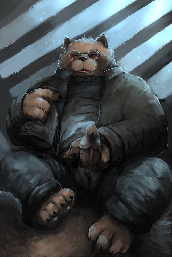 clothed clothing drunk eyewear glasses kiryu male_only mammal masturbation smile tanuki