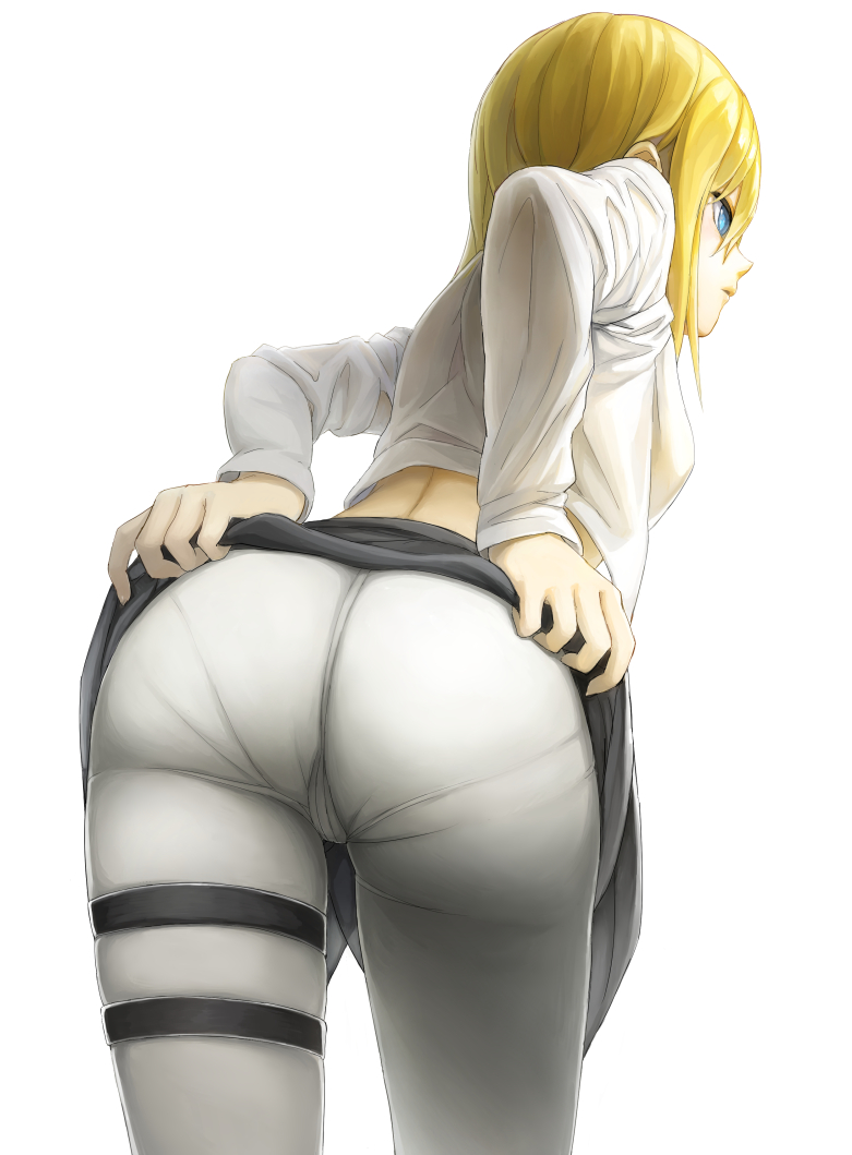 1girls, ass, attack on titan, black skirt, blonde hair, blue eyes, cameltoe, christa lenz, female, female only, historia reiss, panties, pantylines, pussy, shingeki no kyojin, solo, tight pants, upskirt