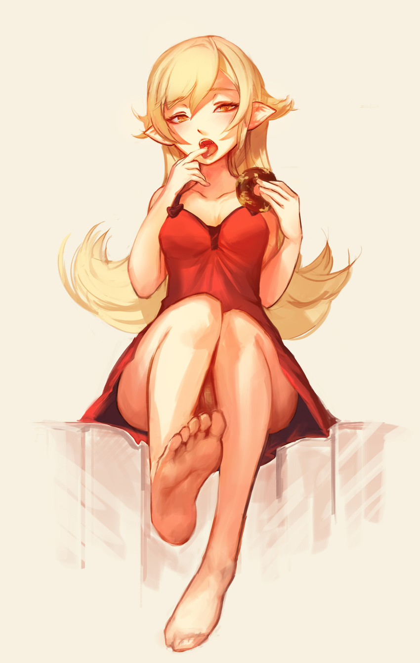 bakemonogatari blonde_hair donut hair long_hair monogatari_(series) orange_eyes oshino_shinobu pointy_ears red_dress sitting