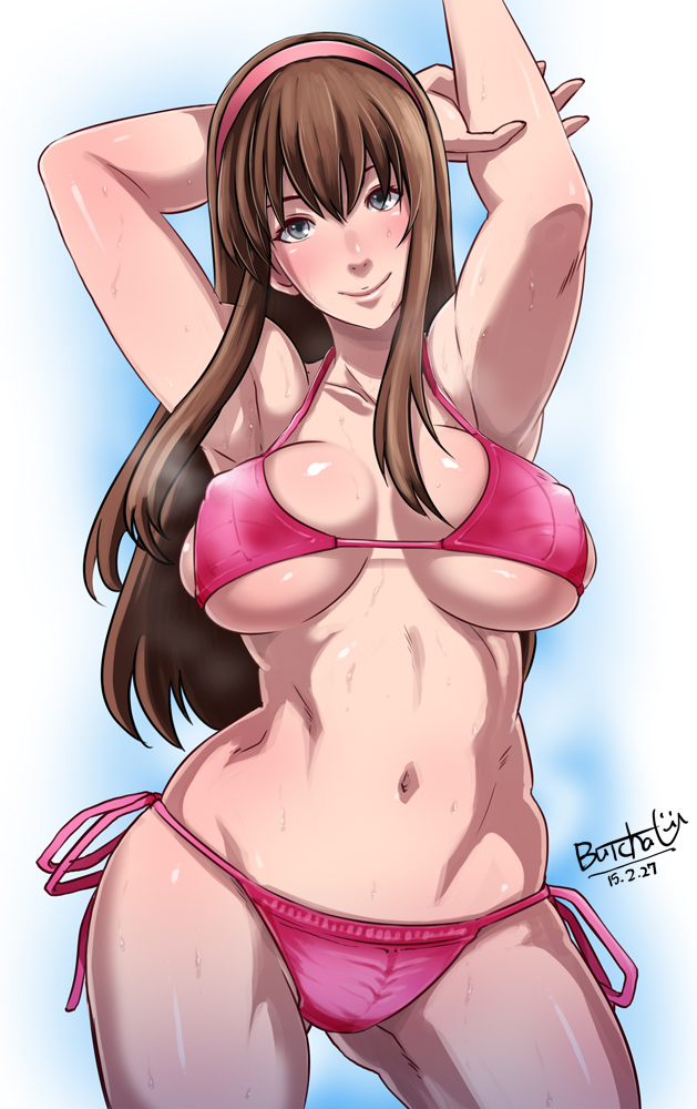 2015, armpits, arms up, athletic, athletic female, big breasts, bikini, blue eyes, breasts, brown hair, busty, butcha-u, cleavage, dead or alive, dead or alive xtreme beach volleyball, eroquis, female, female focus, female only, hairband, hitomi (doa), hourglass figure, human, long hair, navel, smile, solo, standing, sweat, tecmo, underboob, wide hips