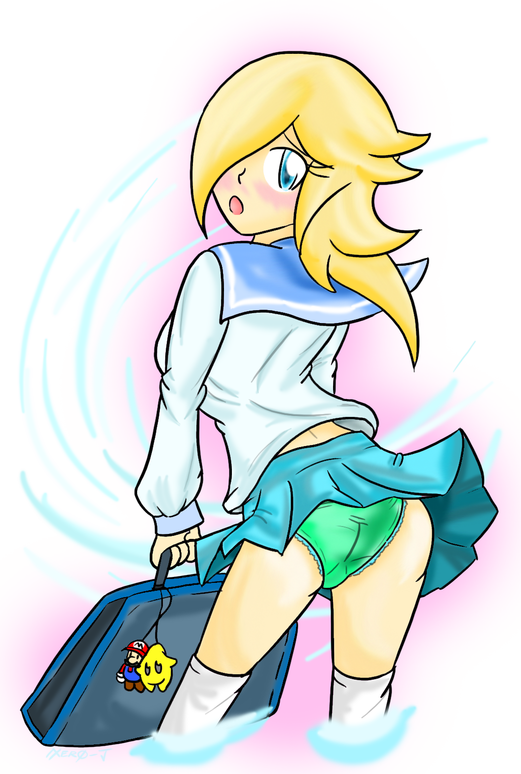 female female_only green_panties human mario_(series) nintendo panties princess_rosalina school_uniform schoolgirl solo upskirt wind_lift xero-j