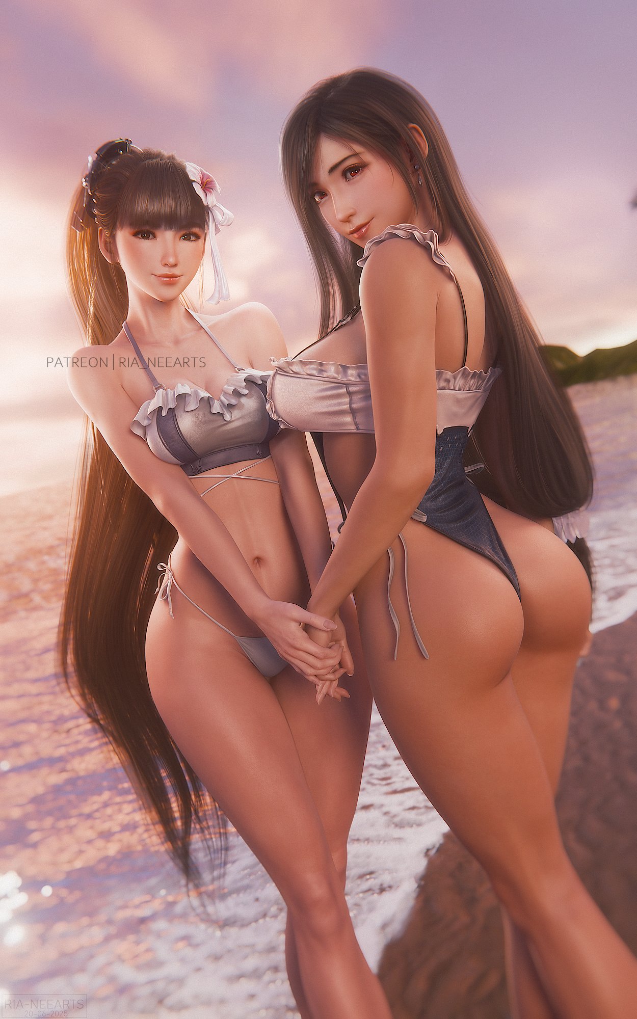 2girls, 3d, 5:8, ass, beach, big ass, big breasts, bikini, black hair, breasts, brown eyes, cleavage, cosplay, costume switch, crossover, earrings, eve (stellar blade), eve (stellar blade) (cosplay), female, female only, final fantasy, final fantasy vii, flower, flower in hair, hand holding, holding hands, large ass, long hair, multiple females, multiple girls, official alternate costume, one-piece swimsuit, outfit swap, ponytail, red eyes, ria-neearts, smile, stellar blade, swimsuit, tifa lockhart, tifa lockhart (cosplay)