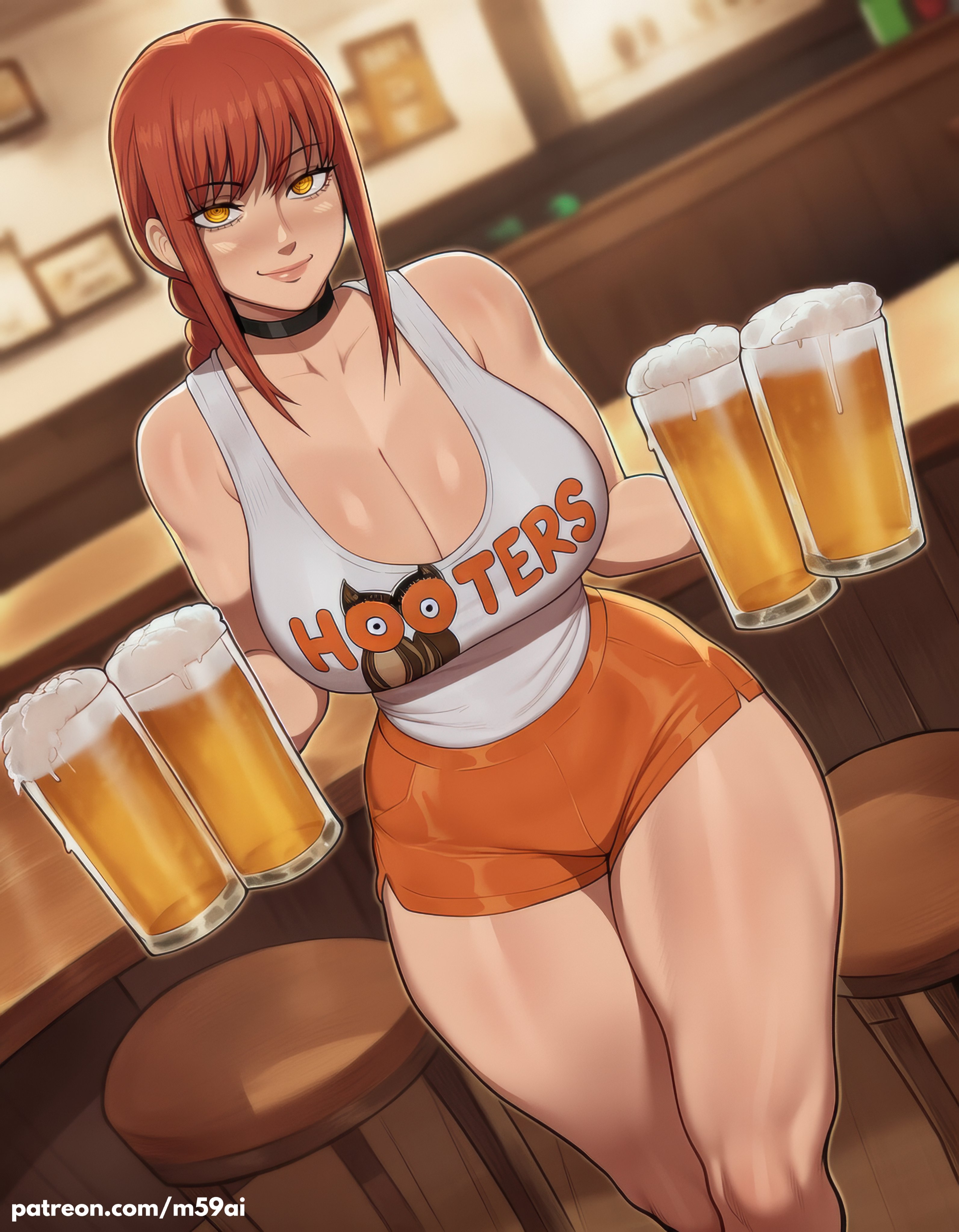 1girls, ai generated, anime, ass, bangs, barefoot, beer, big ass, big breasts, braid, braided hair, braided ponytail, breasts, chainsaw man, choker, cleavage, crop top, curvy, female, female only, holding object, hooters, hooters uniform, huge ass, huge breasts, human, large breasts, looking at viewer, m59ai, makima (chainsaw man), ponytail, red hair, seductive, shorts, sidelocks, single braid, skin tight, skindentation, slim waist, smile, t-shirt, thick thighs, thunder thighs, uniform, voluptuous, waitress, wedgie, wide hips, yellow eyes