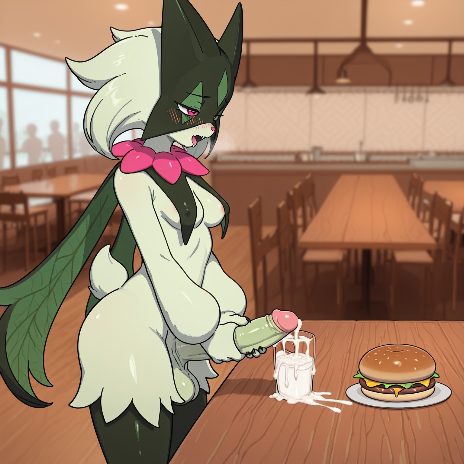 1girls, ai generated, blush, cum, cum in container, cum on food, cup, ejaculation, female, furry, furry female, futanari, grabbing penis, intersex, masturbation, meowscarada, open mouth, penis, pokemon, solo
