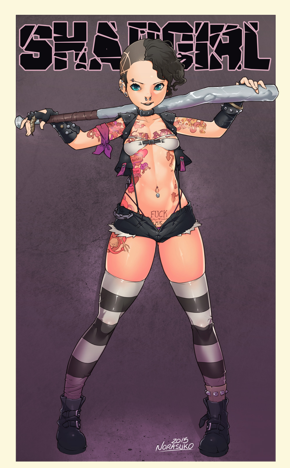 1girls, baseball bat, bikini, bikini top, black hair, blue eyes, boots, brow piercing, collar, ear piercing, earrings, female, female only, fingerless gloves, gloves, jacket, leather, lipstick, looking at viewer, navel, navel piercing, norasuko, nose piercing, piercing, punk, shadgirl, short hair, shorts, skindentation, solo, standing, striped, striped legwear, striped thighhighs, suspenders, tattoo, thighhighs, thong