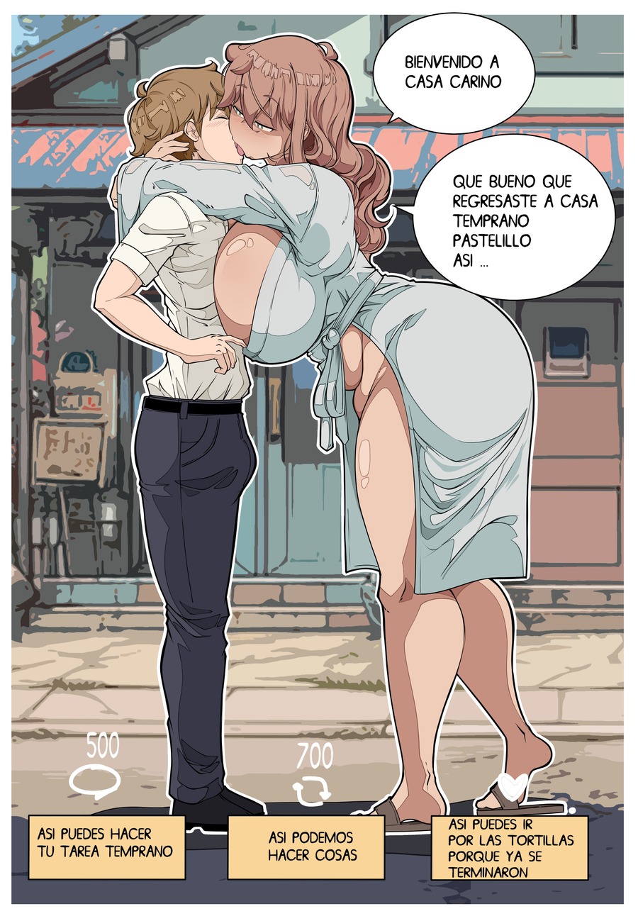 1boy, 1girls, 2025, age difference, bathrobe, big ass, big breasts, breast press, breasts, breasts bigger than head, brown hair, closed eyes, clothed, comic, comic page, comicomryu, curvy, delicia (comicomryu), detailed background, dialogue, erection, female, french kiss, gameplay mechanics, green eyes, incest, kissing, long hair, male, milf, mother and son, semi clothed, short hair, spanish text, standing, taller female, text, text box, text bubble, thick, thick ass, thick legs, thick thighs, thighs, tongue, tongue kiss