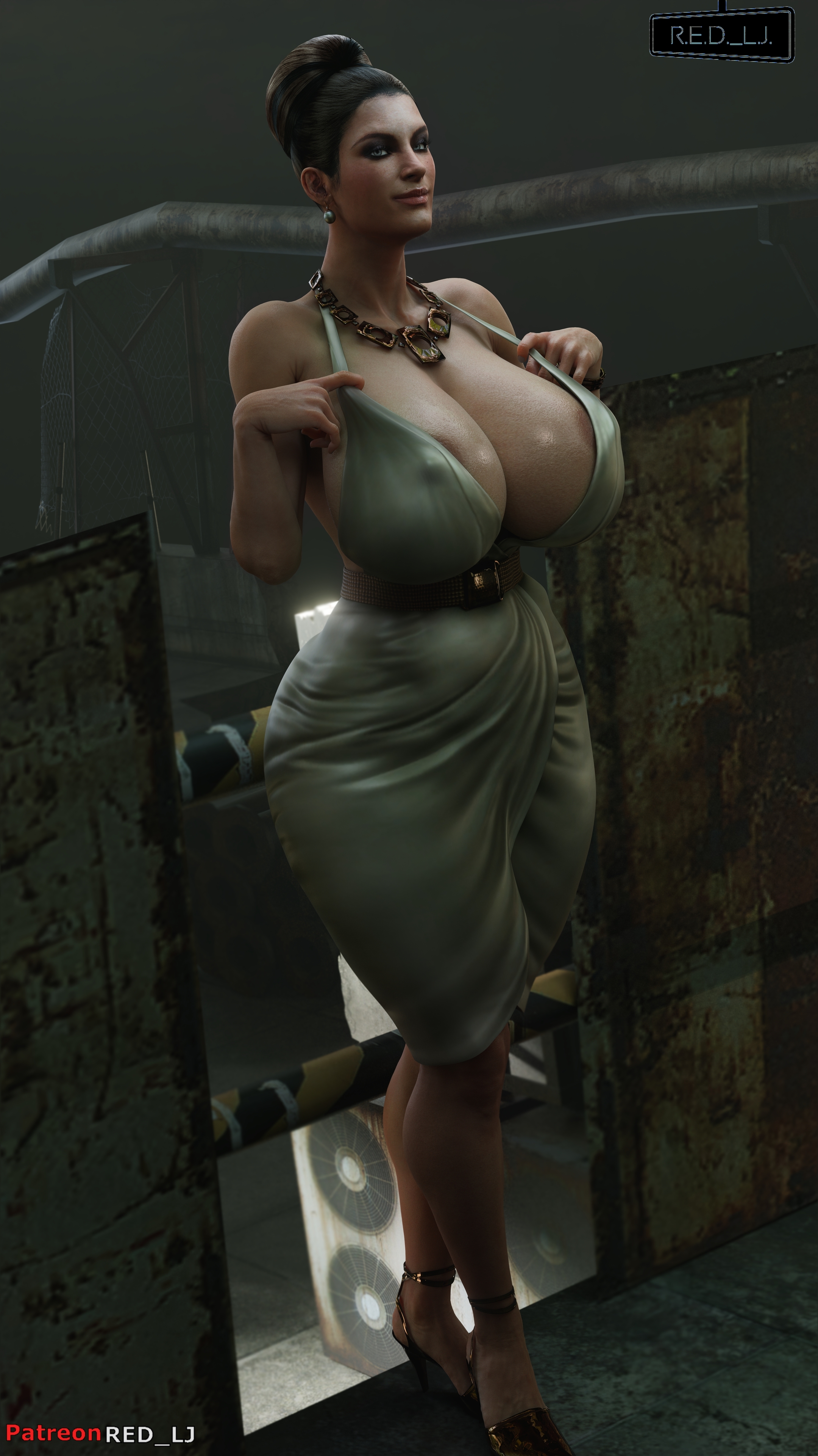 1girls, 3d, 3d (artwork), blender (software), breasts, breasts bigger than head, capcom, collar, duplicate, earrings, excella gionne, female, patreon username, red lj, resident evil, resident evil 5