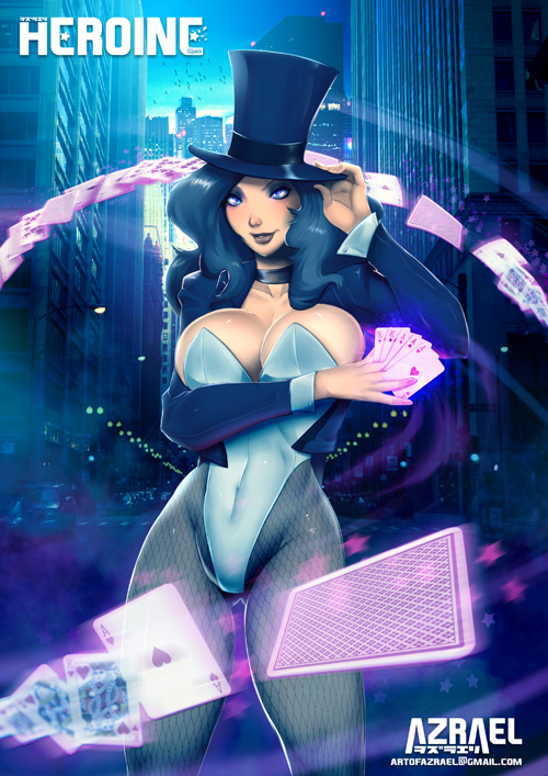 1girls artofazrael aura black_hair blue_eyes blush breasts car card choker city cleavage clouds coat covering dc female female_only fishnets hat huge_breasts leotard long_hair looking_at_viewer outdoors pantyhose sideboob sky smile solo standing straight_hair street top_hat zatanna