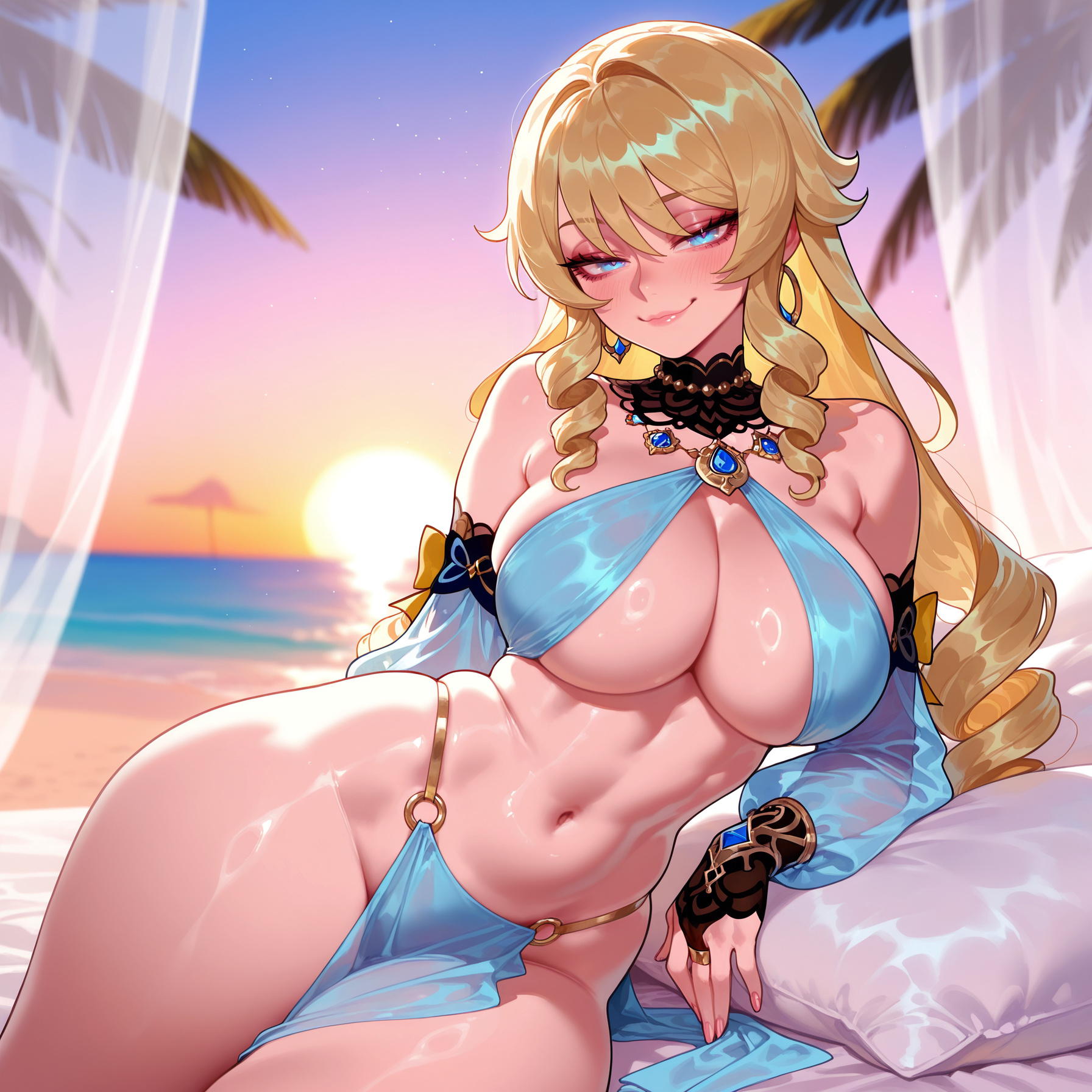 1girls, ai generated, alternate costume, arabian clothes, balecxi, bangs, bare shoulders, beach, bikini, blonde hair, blue eyes, blue gemstone, blush, breasts, cleavage, closed mouth, clothing, curvaceous, curvaceous female, curvaceous figure, curvy, curvy figure, day, detached sleeves, drill hair, drill sidelocks, earrings, exhibitionism, female, female focus, female only, genshin impact, gradient sky, harem outfit, inviting, inviting to sex, jewelry, large breasts, lips, long hair, looking at viewer, lying, navel, navia (genshin impact), necklace, o-ring, ocean, on side, outdoor nudity, outdoor sex, outdoors, outside, pelvic curtain, pillow, presenting, presenting ass, presenting breasts, presenting hindquarters, presenting pussy, presenting self, pussy, revealing clothes, sand, seductive, seductive look, seductive smile, see-through, sidelocks, sky, smile, solo, stomach, sunset, swimsuit, thighs, underboob, voluptuous, voluptuous female, water