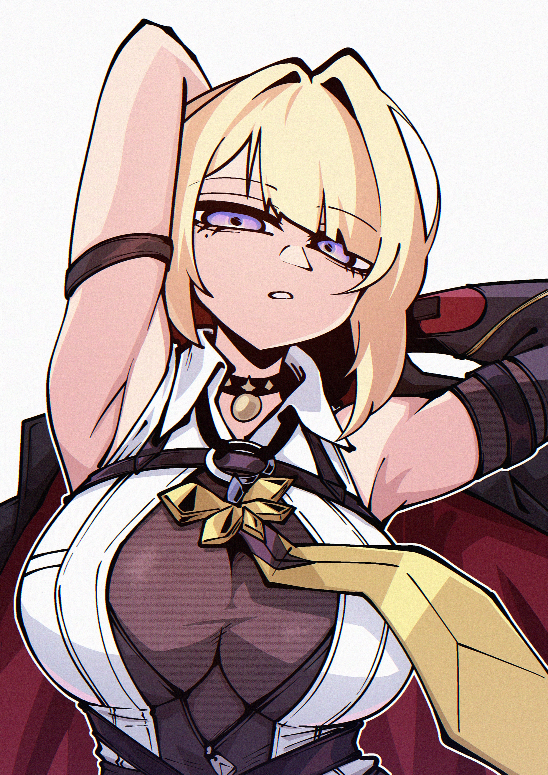 2025, armpits, big breasts, blonde hair, breasts, dryegen46, evelyn chevalier, female, hoyoverse, huge breasts, looking at viewer, purple eyes, tagme, zenless zone zero