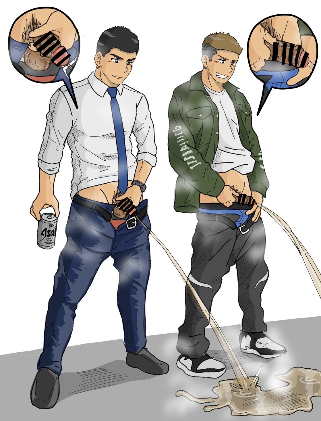 2boys, balls, beer, beer can, censor bar, censored, censored penis, clothes lift, dark penis, drunk, flaccid, foreskin, foreskin folds, gay, holding penis, imokuma, male, male only, musk clouds, original, original character, peeing, peeing on floor, penis, pink glans, pointless censoring, pubic hair, retracted foreskin, shameless, simple background, standing, suit, suit and tie, uncircumcised, uncut, unzipped, unzipped pants, urine, urine stream, white background, wristwatch, yaoi, zoom in