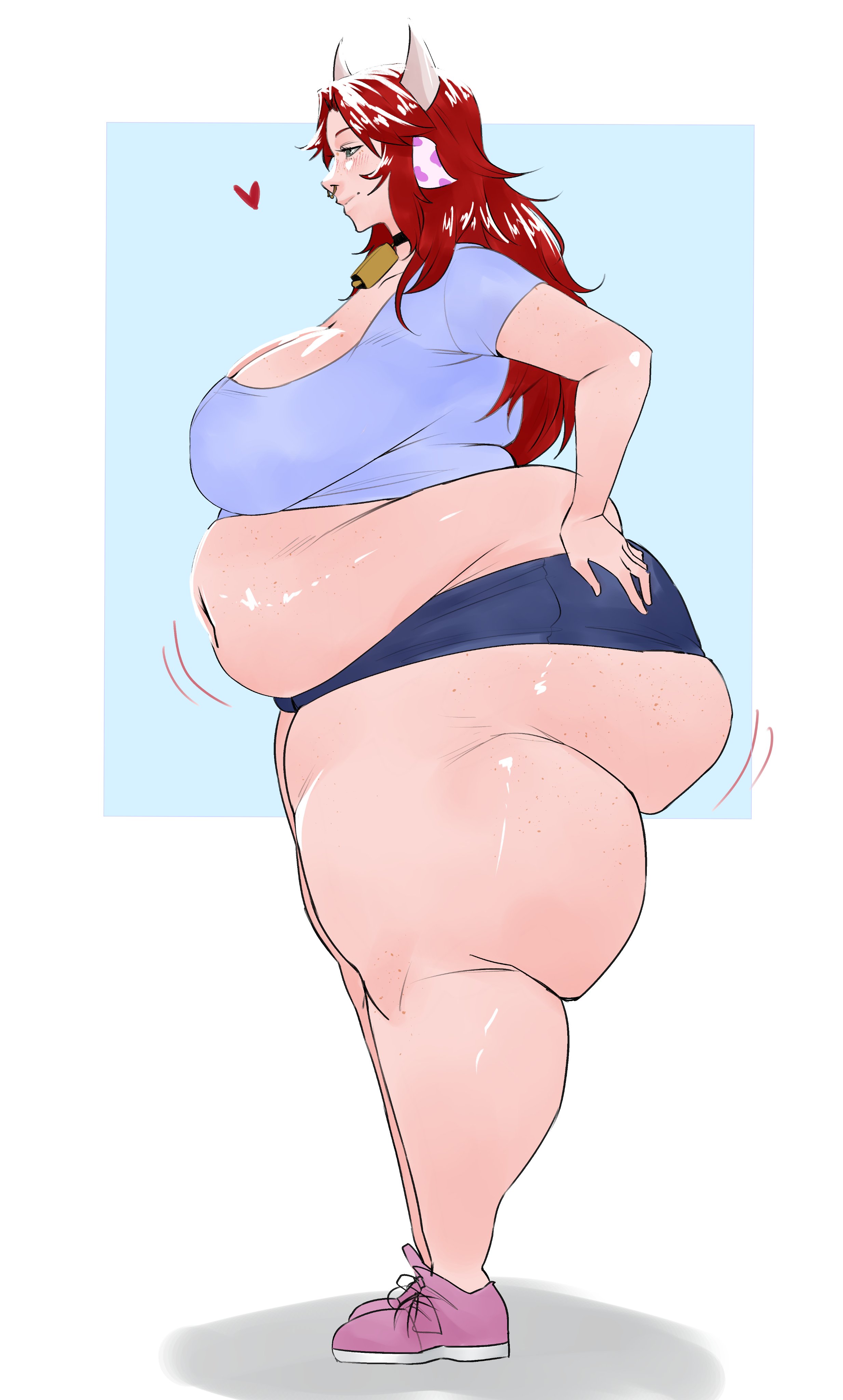 1girls, bbw, belly, big belly, chubby, chubby female, cow ears, cow horns, cowbell, fat thighs, female, horns, nose ring, pivk00, sarah (brockmana), side view, thick thighs, thighs