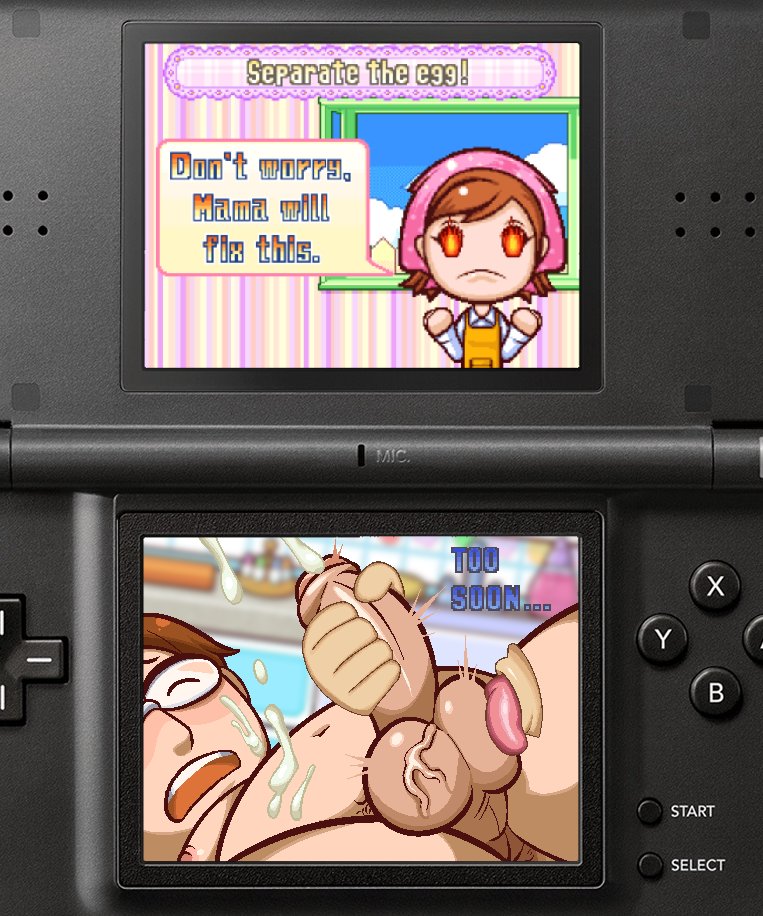 ambiguous gender, ambiguous/male, anus, balls, brown hair, butt, chubby, cooking mama, cum, cum on stomach, erection, eyes, eyes closed, fellatio, femdom, gameplay mechanics, glasses, licking balls, mama (cooking mama), mawile123, nintendo ds, oral, oral sex, papa (cooking mama), penis, semen, sketch
