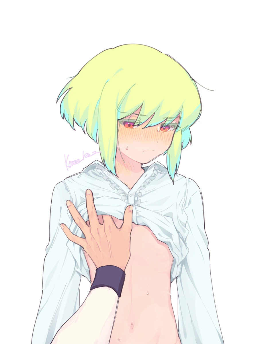 2boys, androgynous, blonde hair, blush, bob cut, clothing, embarrassed, femboy, galo thymos, gay, lifting shirt, lio fotia, male, pov, promare, short hair, shy, slim, slim male, slim waist, solo focus, touching nipples, twink, yaoi