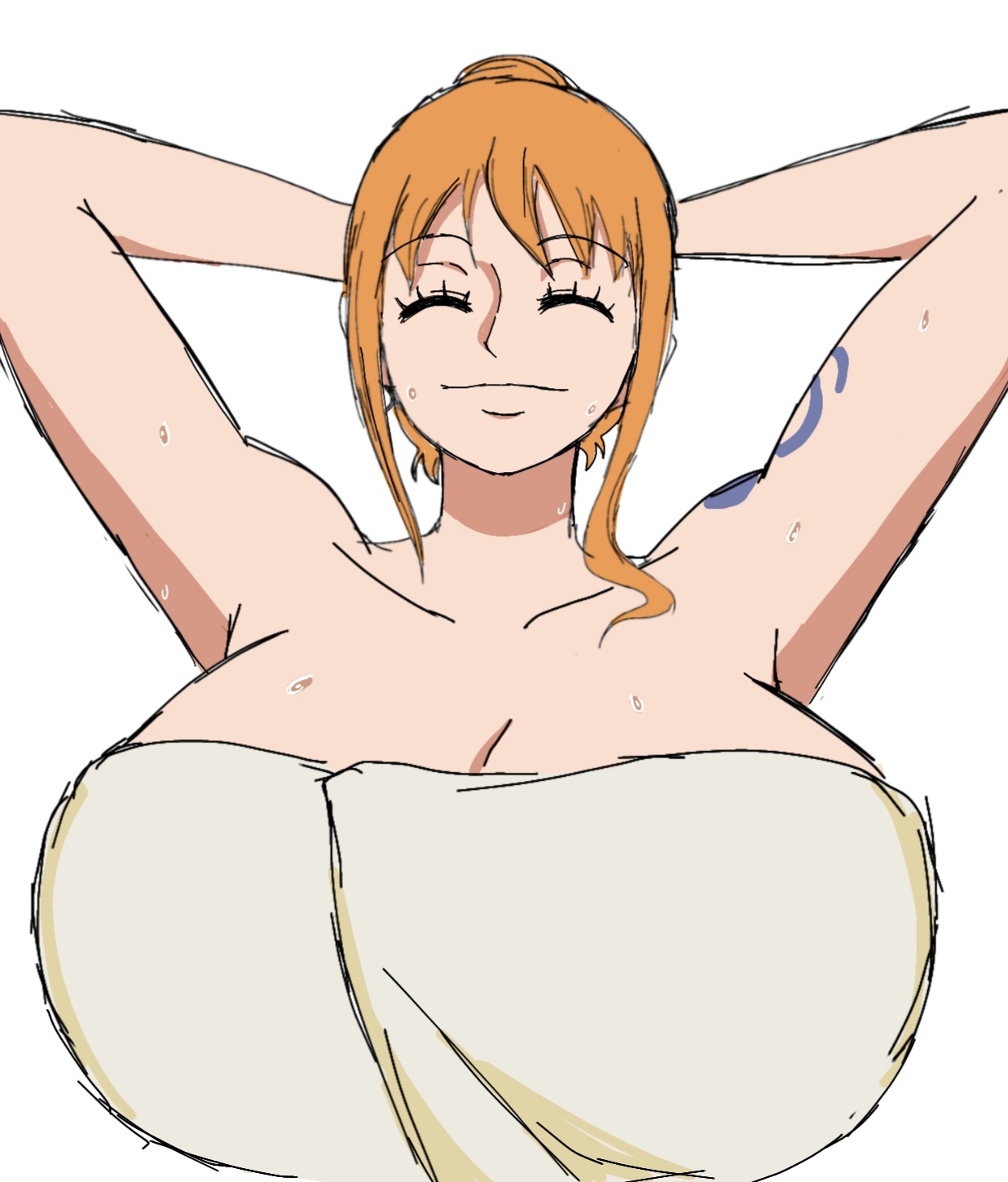 1girls, 2d, 2d (artwork), alternate body type, alternate breast size, arms up, big breasts, breasts, breasts bigger than head, busty, busty female, closed eyes, closed mouth, curvy, curvy body, curvy female, curvy figure, digital drawing (artwork), digital media (artwork), eyelashes, female, female focus, female only, hands behind head, huge breasts, large breasts, light skin, light-skinned female, mature, mature woman, momiji (artist), nami (one piece), one piece, orange hair, orange-haired female, pirate, pirate girl, shounen jump, simple background, smile, solo, solo female, solo focus, swedish, swedish female, tattoo, tattoo on shoulder, towel, towel only, towel over breasts, upper body, white background