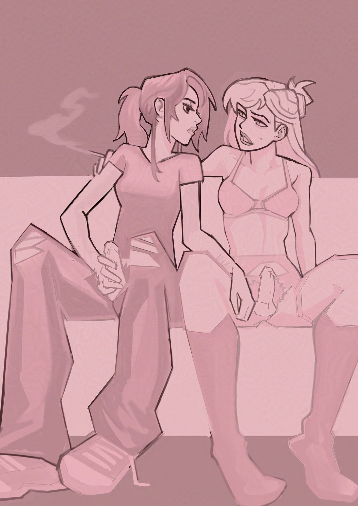 2futas, 2girls, balls, bangs, blonde hair, breasts, cigarette, class of '09, clothed, cock, collarbone, futa only, futanari, hand on thigh, jacking off, jecka (class of '09), kneehighs, lesbian, lingerie, looking at another, looking at partner, masturbation, mechaissues, monochrome, mutual masturbation, nicole (class of '09), partially clothed, penis, ponytail, shoes, sitting, smoking, trans woman, transfem, yuri