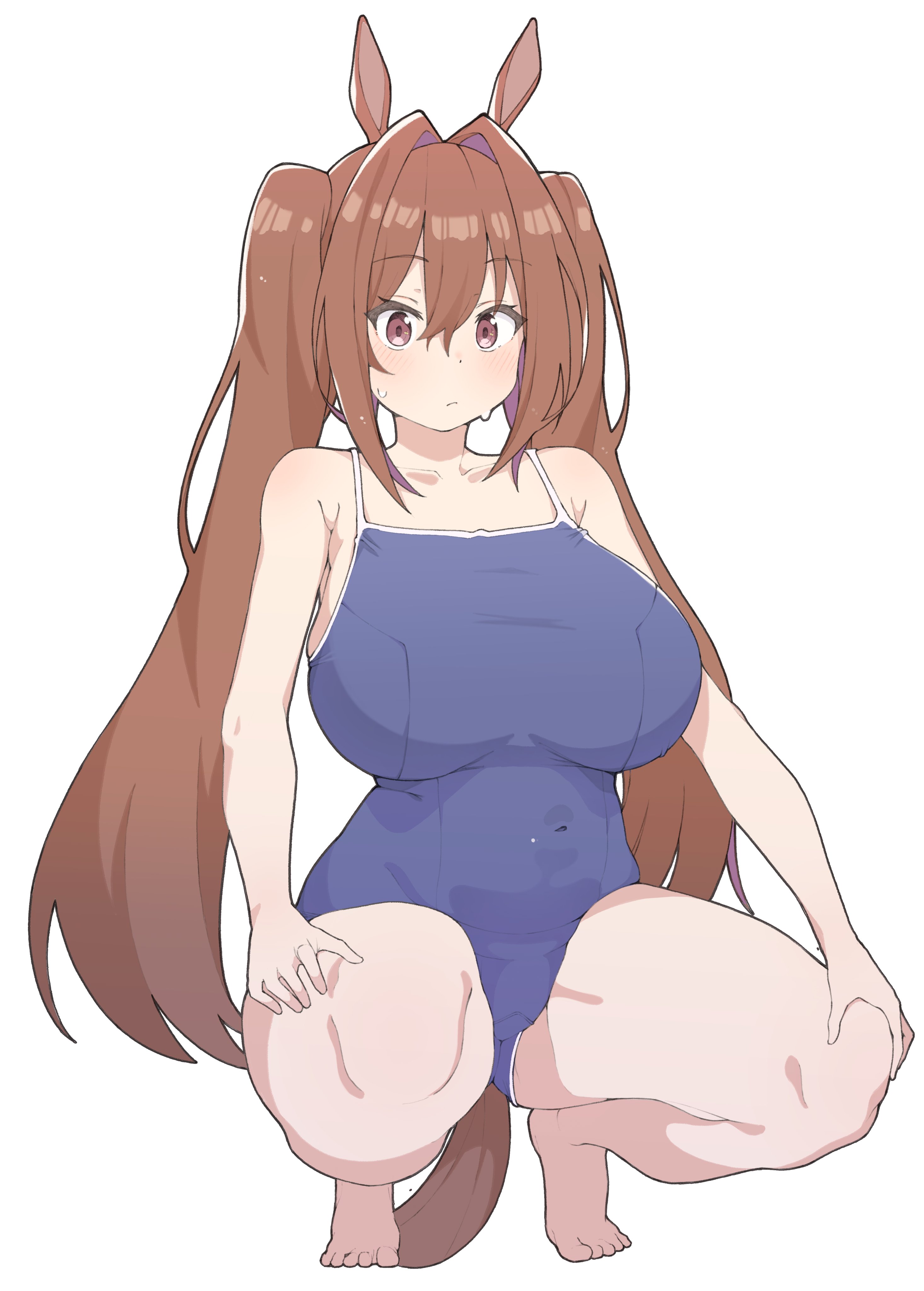 absurdres, animal ears, barefoot, blue one-piece swimsuit, breasts, brown eyes, brown hair, daiwa scarlet (umamusume), female, full body, gluteal fold, hair intakes, hands on own knees, highres, horse ears, horse girl, horse tail, huge breasts, long hair, one-piece swimsuit, s10021, solo, squatting, swimsuit, tail, tiptoes, twintails, umamusume, very long hair, wet, white background