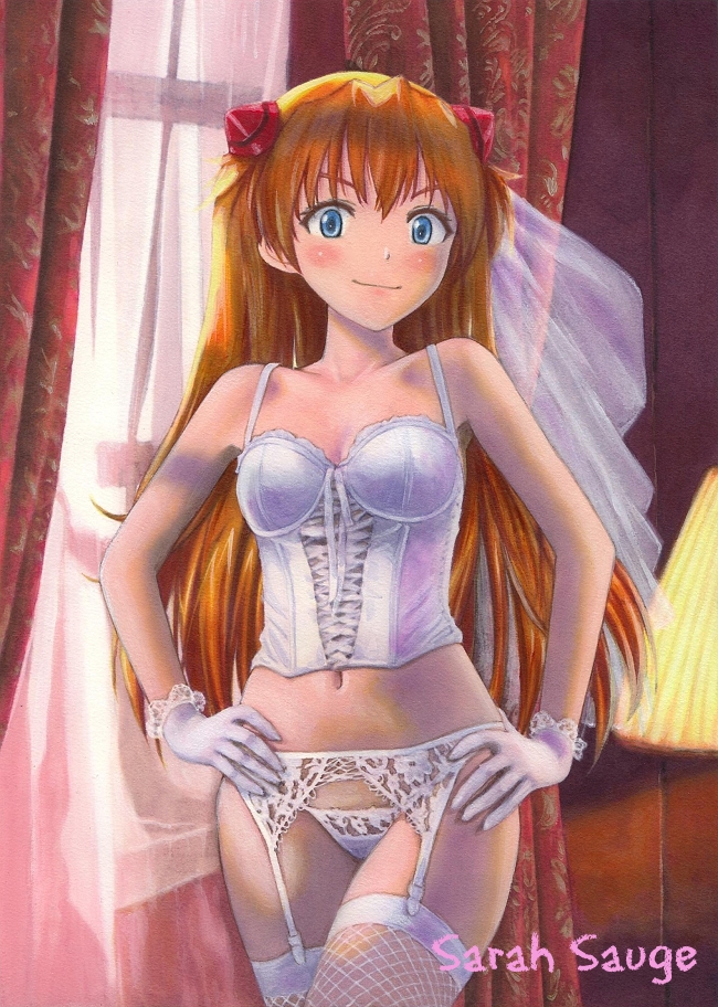 10s, 1girls, 2012, artist name, asuka langley sohryu, bare shoulders, big breasts, blue eyes, blush, breasts, bridal veil, bride, bustier, busty, collarbone, confident, female, fishnet thighhighs, fishnets, garter belt, gloves, hands on hips, large breasts, lingerie, long hair, looking at viewer, navel, neon genesis evangelion, panties, pose, posing, sarah sauge, smile, solo, souryuu asuka langley, standing, stomach, teenage female, teenager, thighhighs, traditional media, underwear, veil, voluptuous, wedding lingerie, white gloves, white panties