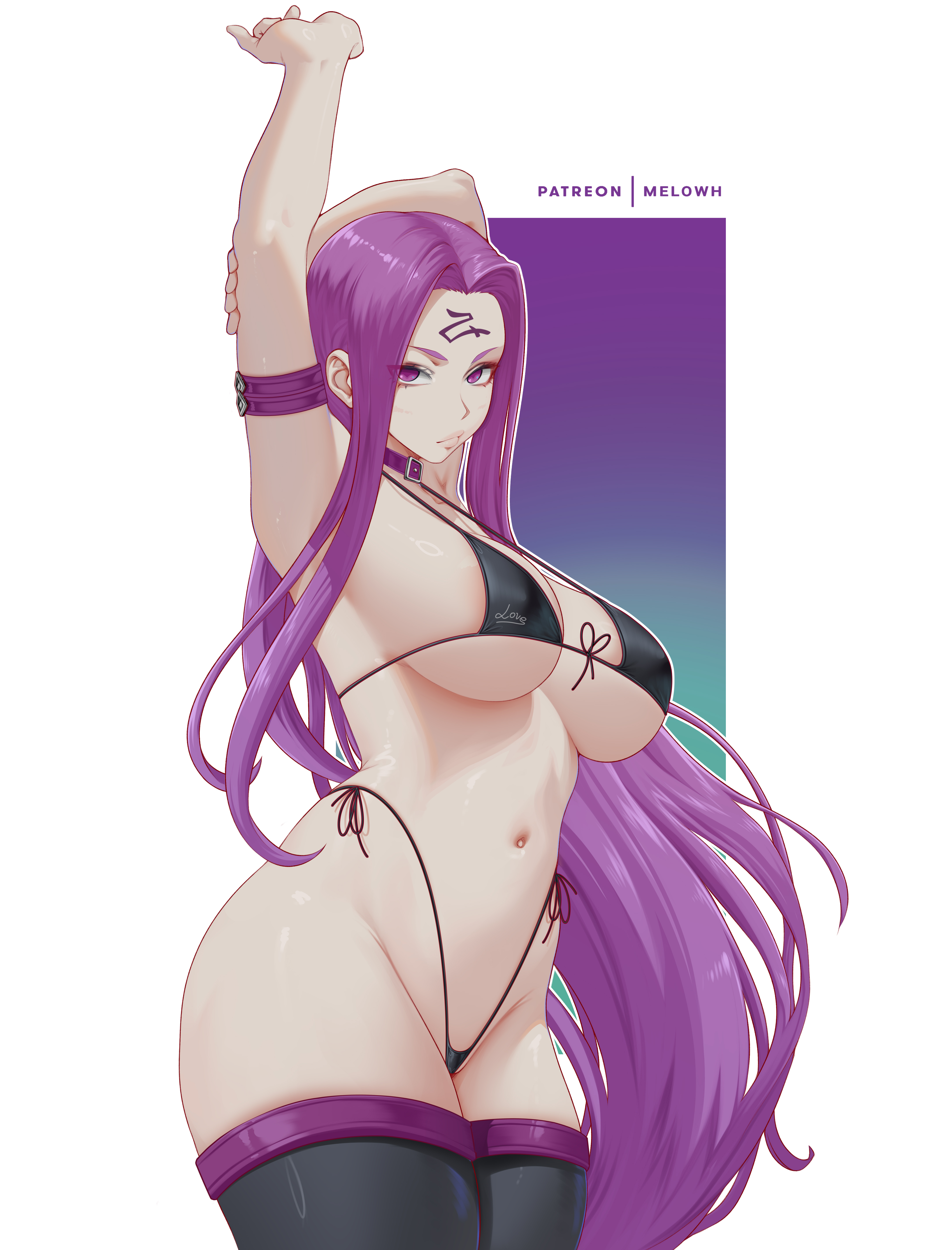 1girls, alternate costume, armband, armpits, arms behind head, arms up, big breasts, bikini, breasts, facial mark, fate (series), fate/stay night, female, female only, forehead mark, highres, huge breasts, large breasts, long hair, looking at viewer, looking down, medusa (fate), medusa (rider) (fate), melowh, navel, purple eyes, purple hair, pussy, shiny skin, sideboob, tattoo, thick thighs, thighhighs, tight bikini, underboob, very long hair