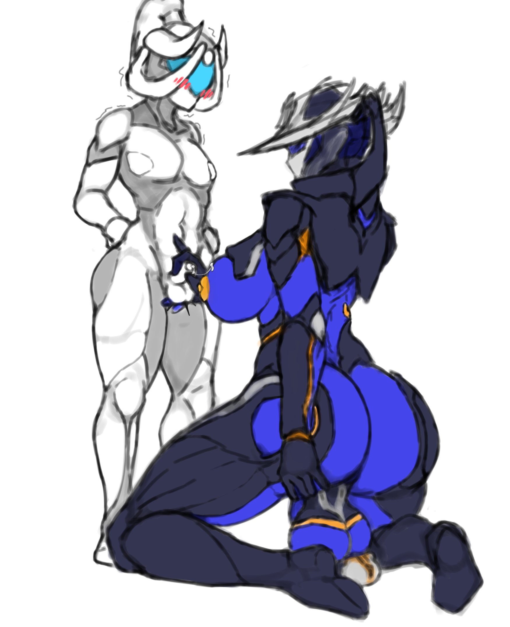 1boy, 1futa, 2025, balls, big ass, big balls, big breasts, big penis, big thighs, bigger futa, blush, breasts, cum, cum on breasts, femboy, flaccid penis, futa is bigger, futanari, hacking piece, humanoid, humanoid penis, hung bottom, intersex, male, male on futa, mesa (warframe), nude, on knees, original character, penis, penis size difference, premature ejaculation, small penis, smaller male, tenno, thick thighs, two-finger handjob, warframe, weak ejaculation