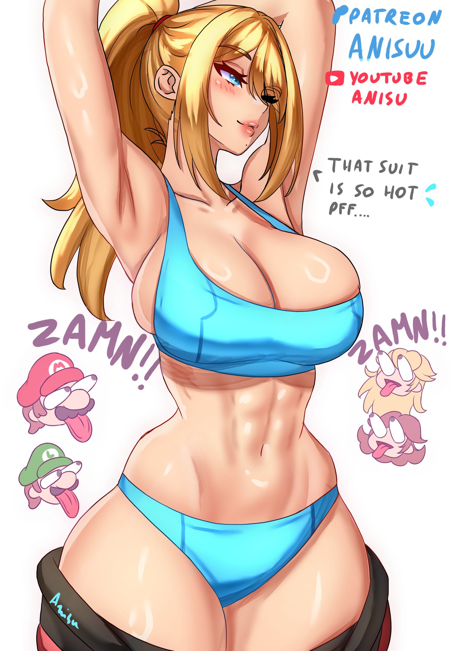 2boys, 3girls, anisdrawn, breasts, cleavage, english text, exposed hips, female, hip cleavage, large breasts, light skin, light-skinned female, luigi, male, mario, mario (series), metroid, midriff, nintendo, princess daisy, princess peach, samus aran, text, thick thighs, thighs, white background, wide hips