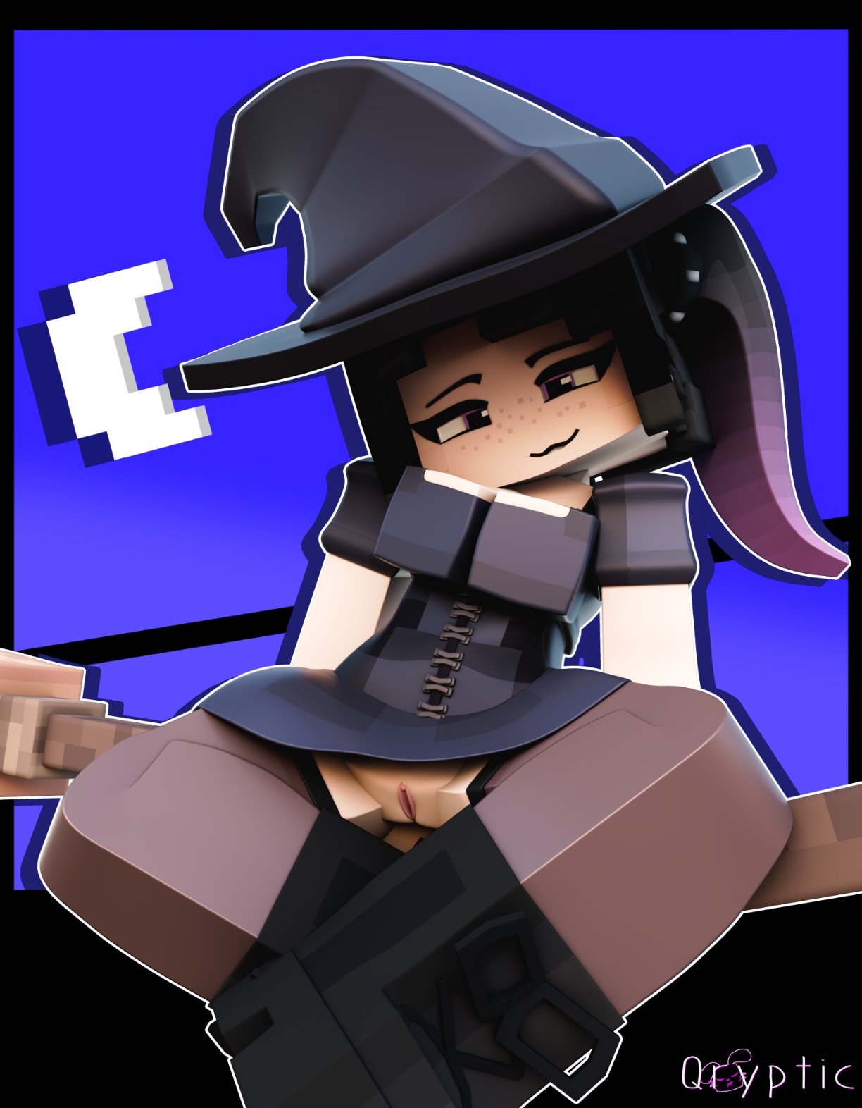 1girls, 3d, black hair, breasts, broom, broom riding, charlie (qrypticl), earrings, eyeshadow, female, freckles, hair ribbon, halloween, halloween costume, horny female, mine-imator, minecraft, moon, no panties, outdoors, purple eyes, qrypticl, sitting, smile, solo, solo female, tagme, thick thighs, twin braids, twintails, witch costume, witch hat