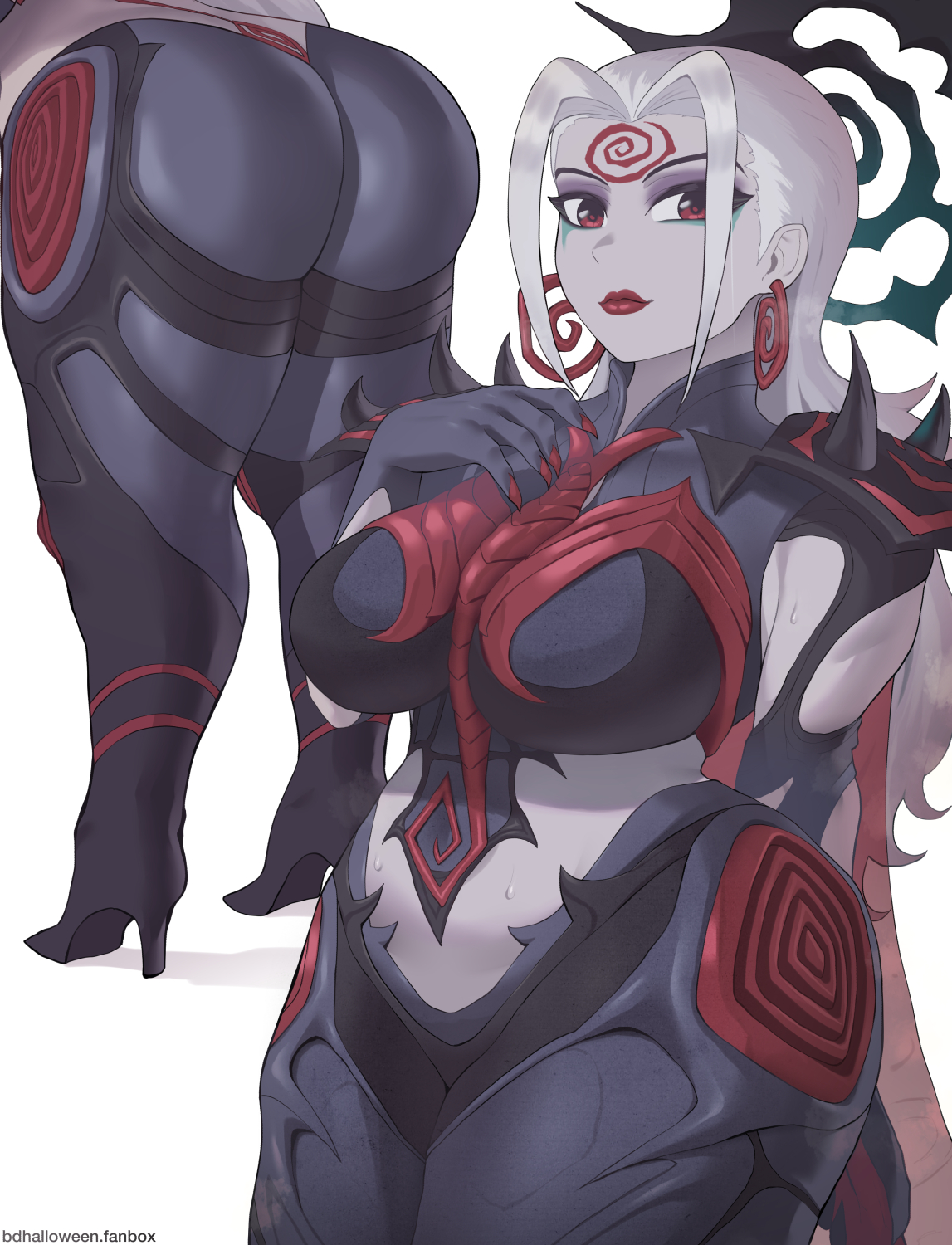 1girls, ass, branding mark, breasts, female, female focus, female only, freddyhalloween, hela, hela (marvel rivals), hela (queen in black), high heels, knull symbol, large ass, large breasts, looking at viewer, marvel, marvel comics, marvel rivals, solo, thick thighs, thighs, wahuku18, white background, wide hips