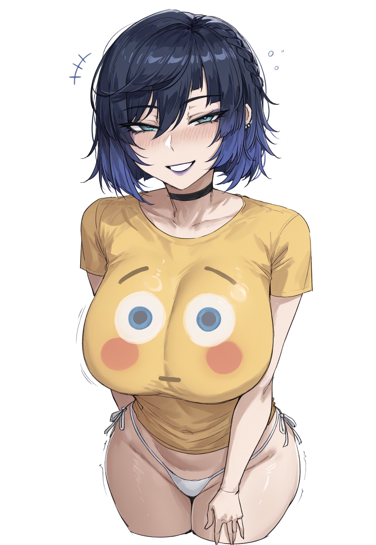 1girls, ai generated, blue eyes, blush, breasts, emoji, female, female focus, female only, flushed emoji shirt, genshin impact, huge breasts, large breasts, lipstick, panties, purple lipstick, short hair, solo, white panties, yelan (genshin impact), yellow shirt