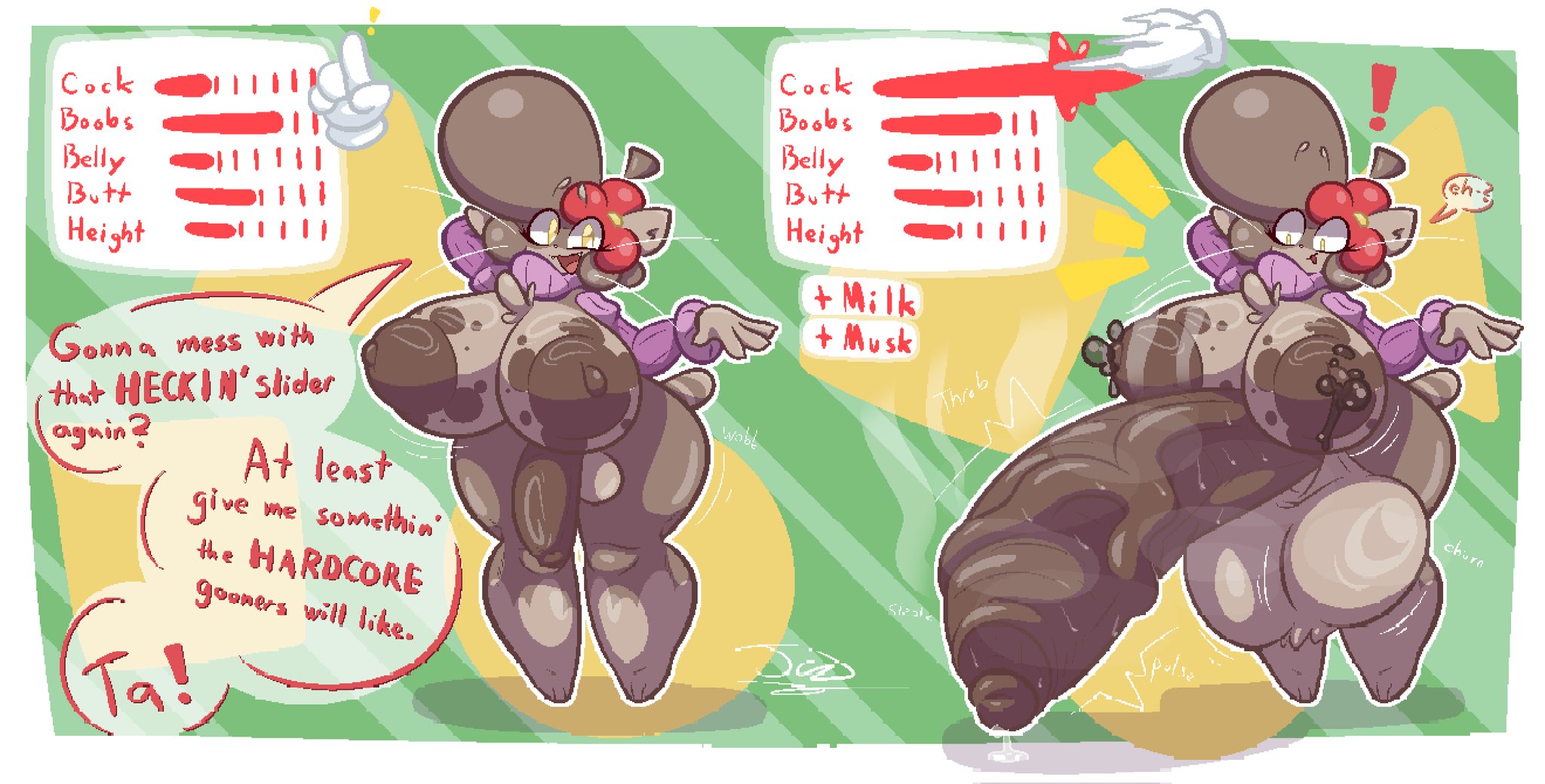 anthro, brainrot, brown fur, brown hair, brown nipples, charlie (jaziferret), disembodied hand, female, female to futa, ferret, ferret girl, flower, flower in hair, furry, futa transformation, futanari, futanari transformation, gooner, green background, hyper, hyper penis, intersex, jaziferret, large ass, large penis, meme, penis, red text, solo, solo female, text, transformation, vein, veins, video game mechanics, yellow eyes