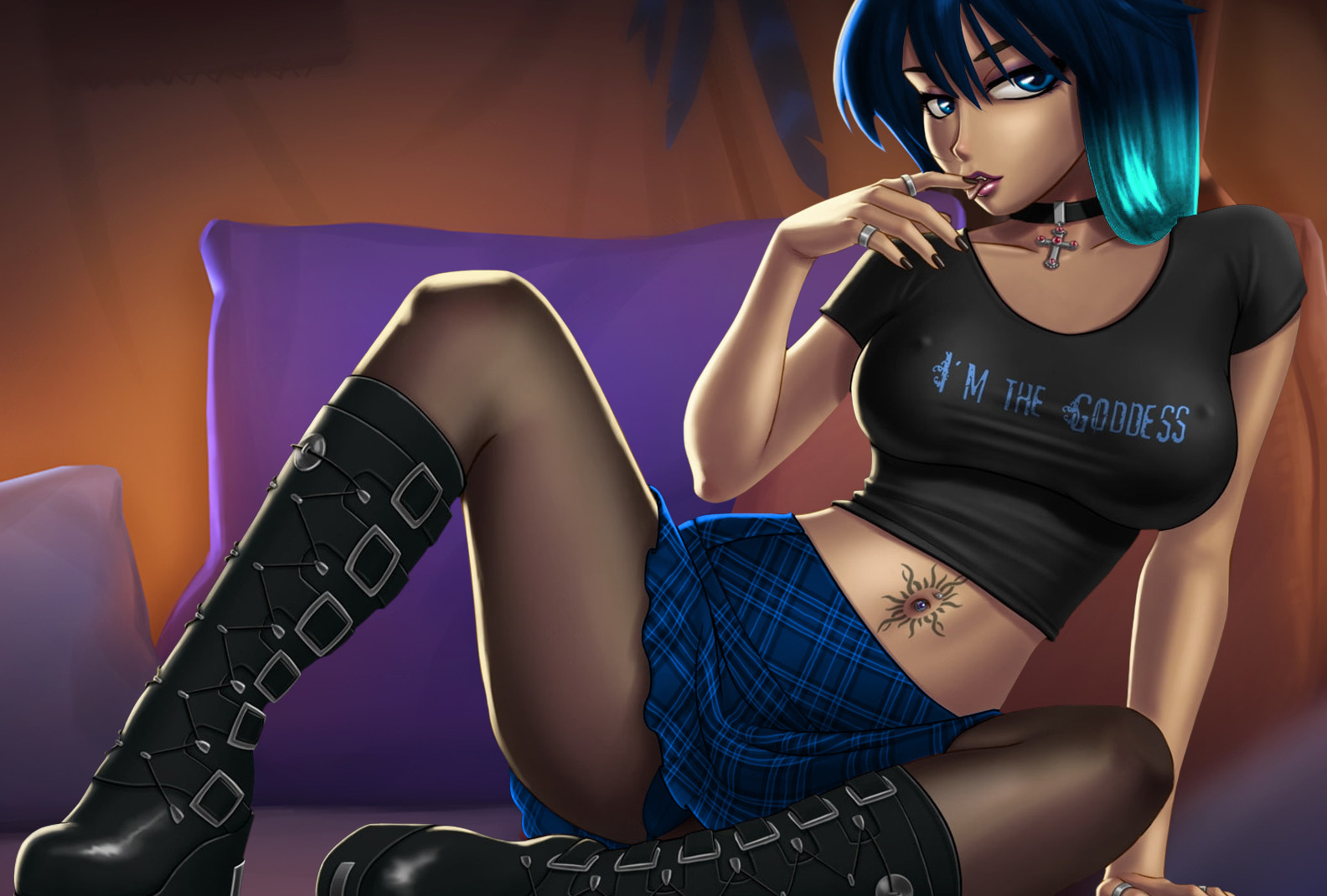 1girls, 2d, 2d (artwork), blue eyes, blue hair, boots, digital drawing (artwork), digital media (artwork), eve (summertime saga), exile (artist), fanart, female, female focus, female only, goth, goth girl, gothic, light skin, light-skinned female, looking at viewer, naughty, naughty face, open legs, pantyhose, seduction, seductive, seductive eyes, seductive gaze, seductive look, seductive mouth, seductive pose, shirt, showing off, skirt, summertime saga, tease, teasing, teenage female, teenager