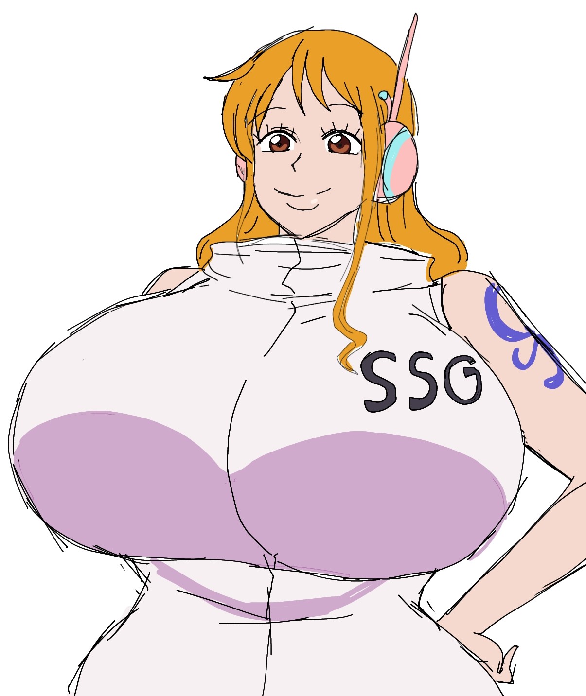1girls, 2d, 2d (artwork), alternate body type, alternate breast size, big breasts, breasts, breasts bigger than head, brown eyes, brown-eyed female, busty, busty female, closed mouth, clothing, curvy, curvy body, curvy female, curvy figure, digital drawing (artwork), digital media (artwork), female, female focus, female only, hand on hip, huge breasts, kissable lips, large breasts, long hair, long-haired female, looking down, mature, mature woman, momiji (artist), nami (one piece), nami (one piece) (egghead), one piece, one piece: egghead arc, orange hair, orange-haired female, pirate, pirate girl, simple background, solo, solo female, solo focus, swedish, swedish female, upper body, white background